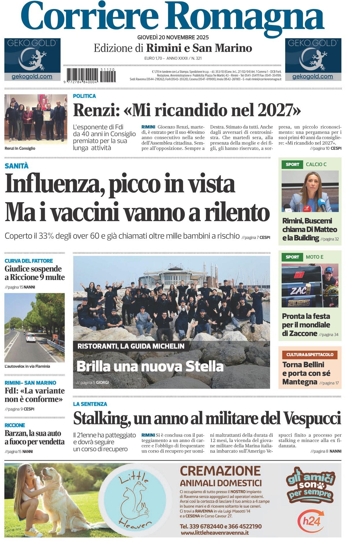 Prima Pagina Corriere Romagna (Rimini e San Marino) 20/11/2025