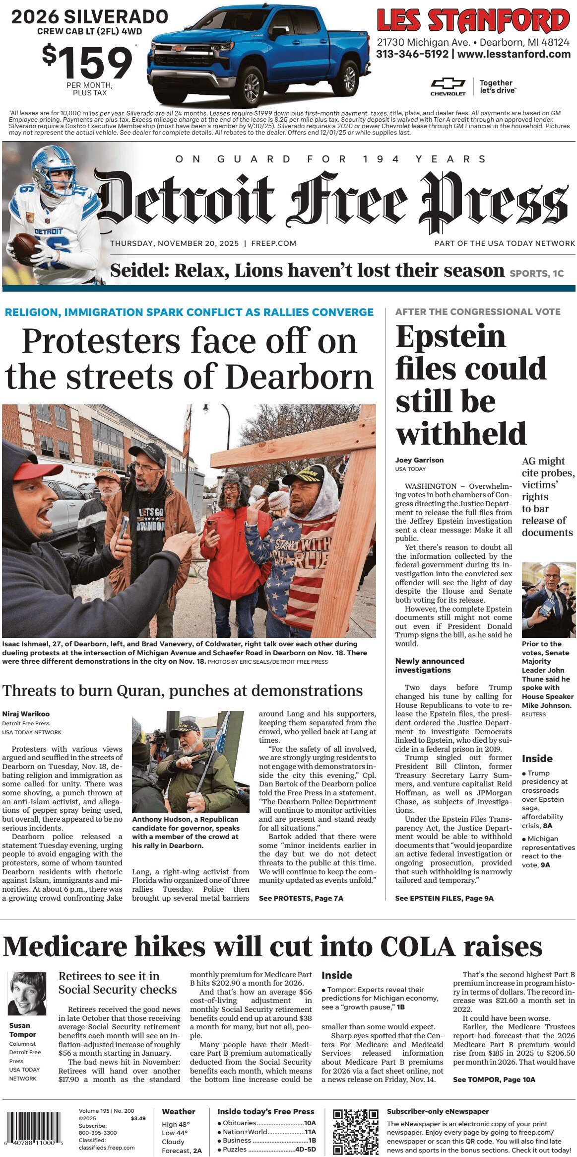 Prima Pagina Detroit Free Press 20/11/2025