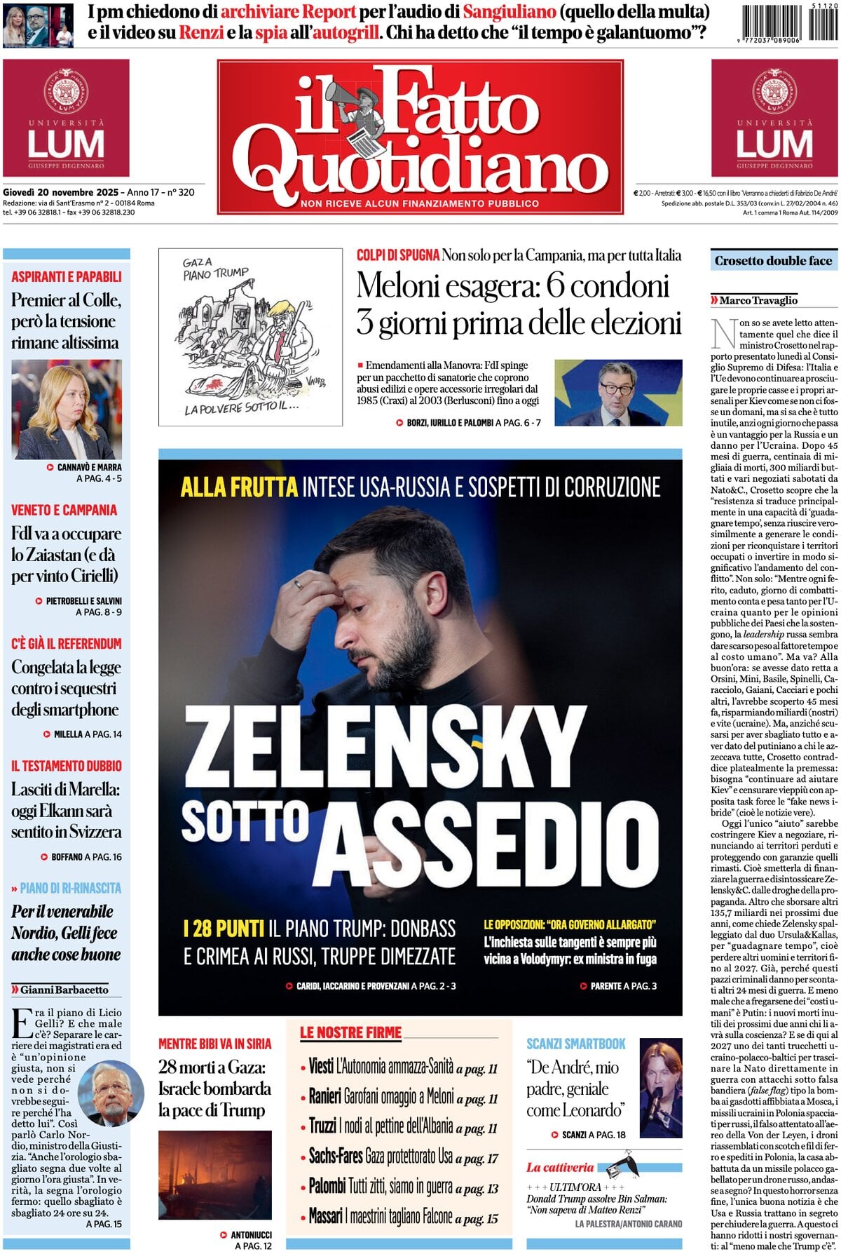 Prima Pagina Il Fatto Quotidiano 20/11/2025