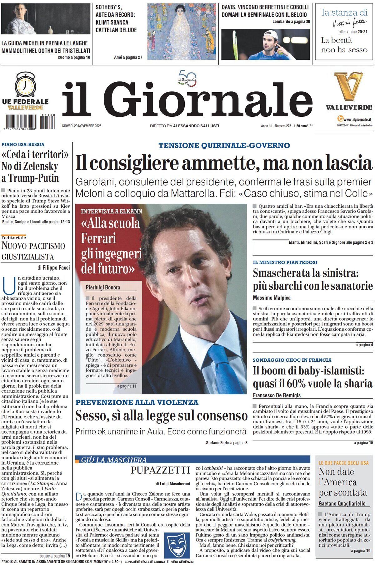 Prima Pagina Il Giornale 20/11/2025