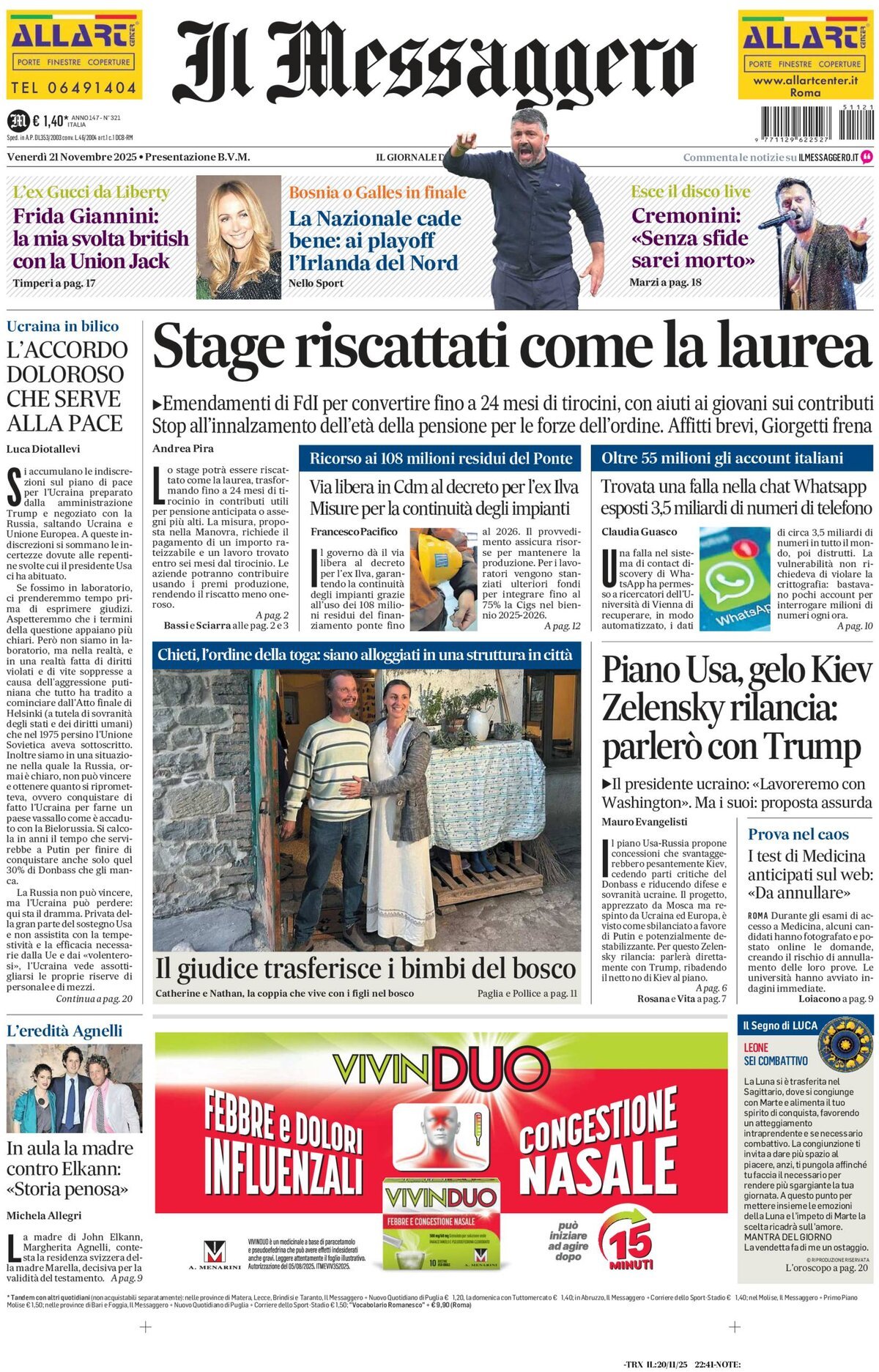 Prima Pagina Il Messaggero 21/11/2025