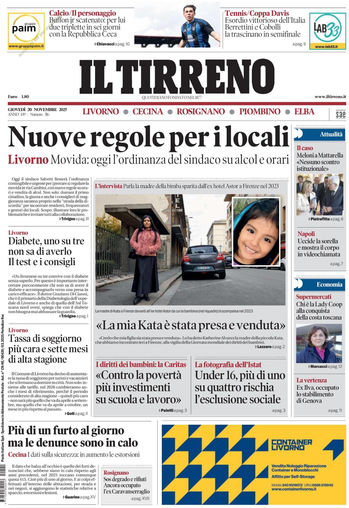 Prima Pagina Il Tirreno (Livorno, Cecina, Rosignano, Piombino, Elba) 20/11/2025