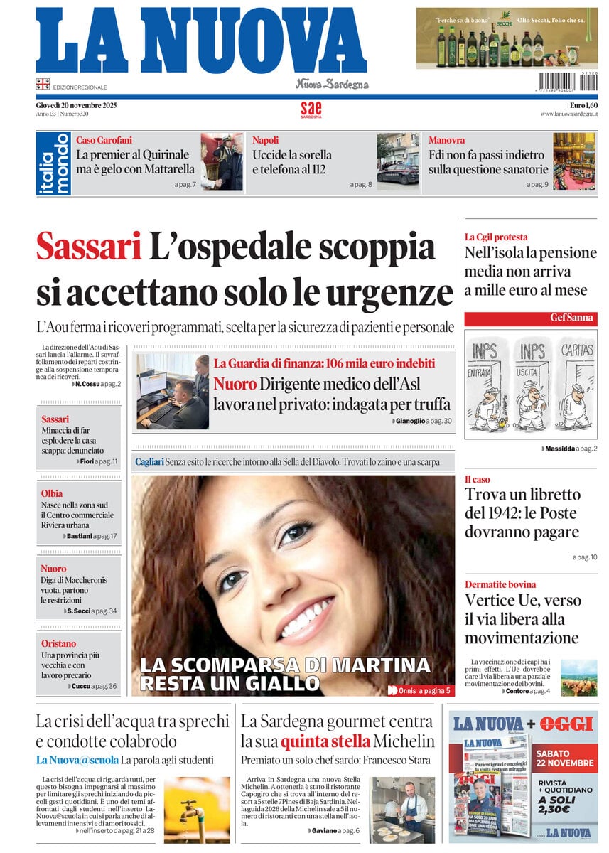 Prima Pagina La Nuova Sardegna 20/11/2025