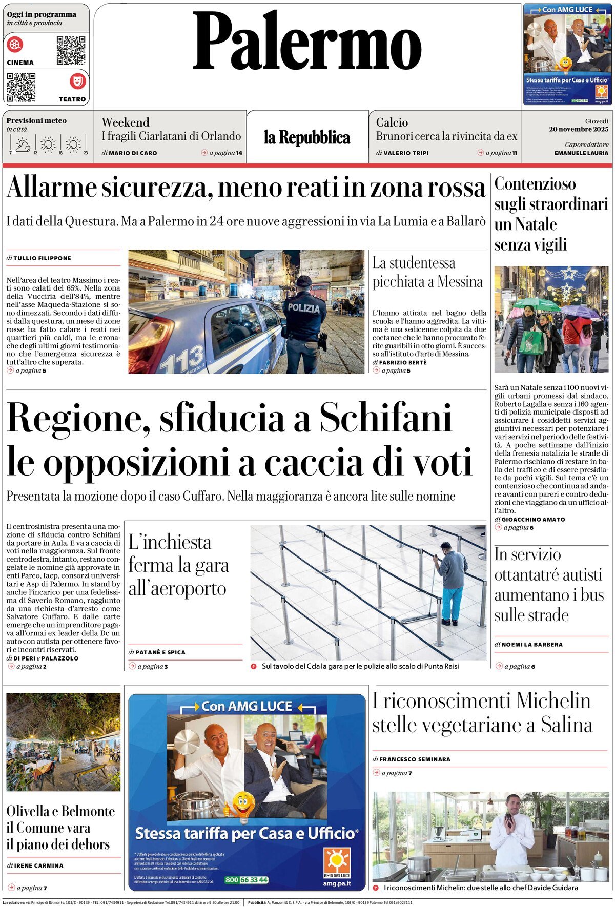 Prima Pagina La Repubblica (Palermo) 20/11/2025