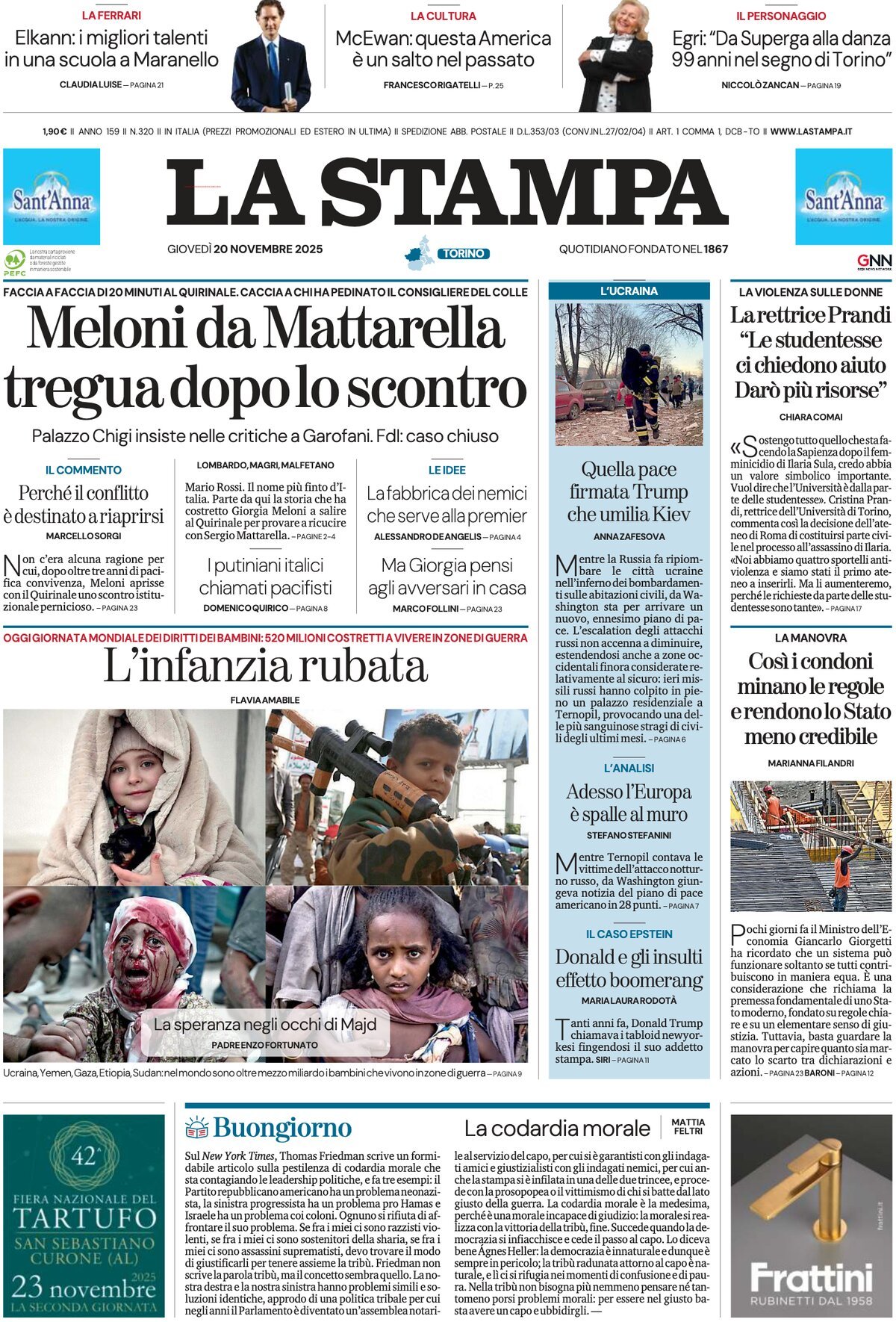 Prima Pagina La Stampa 20/11/2025