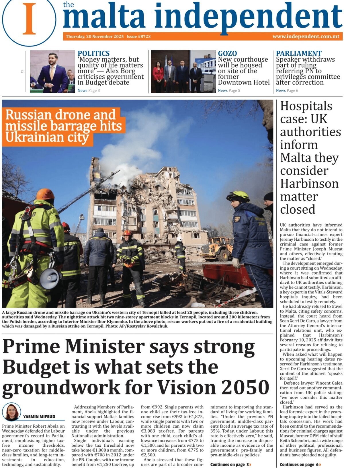 Prima Pagina The Malta Independent 20/11/2025