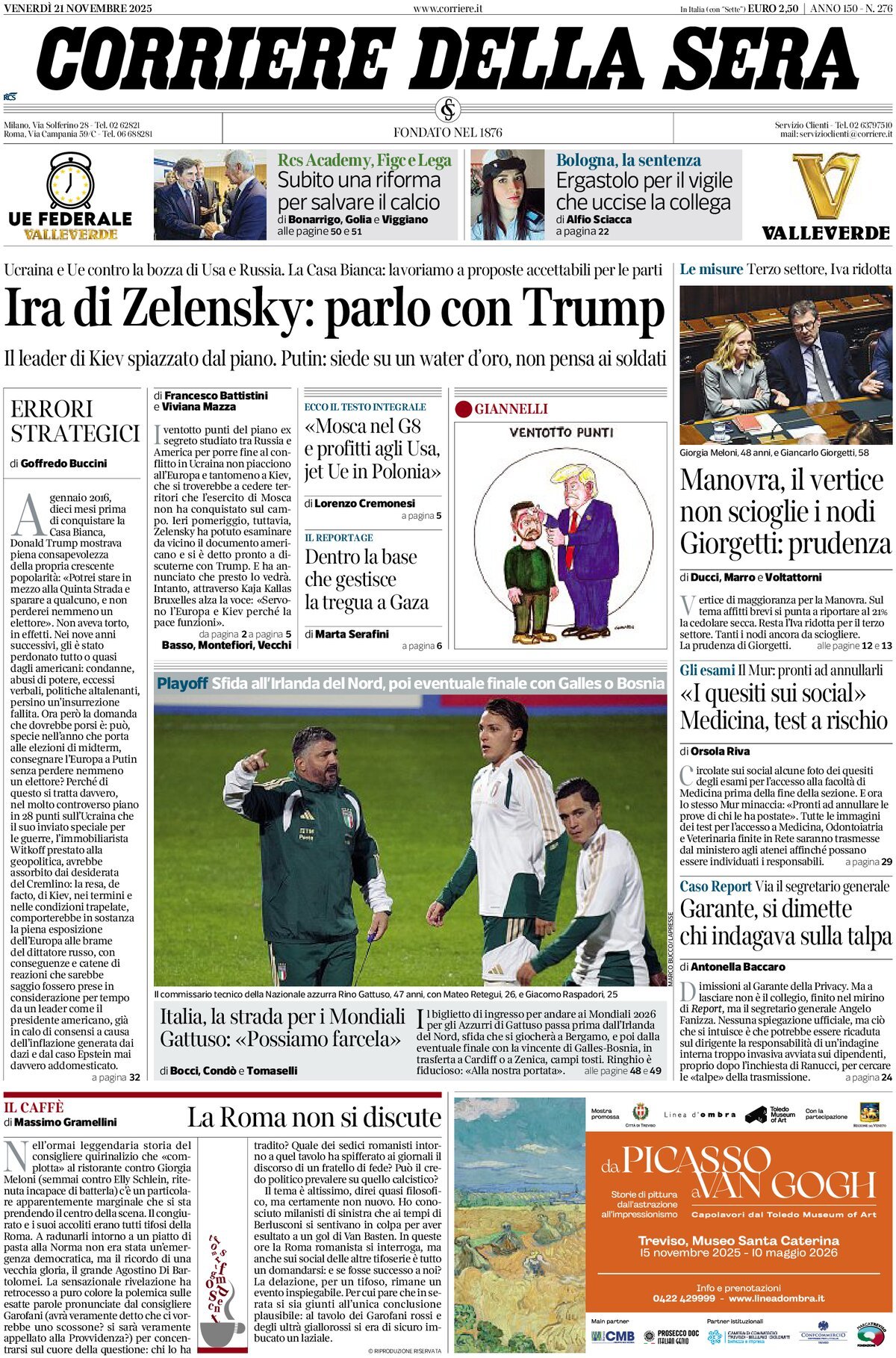 Prima Pagina Corriere della Sera 21/11/2025
