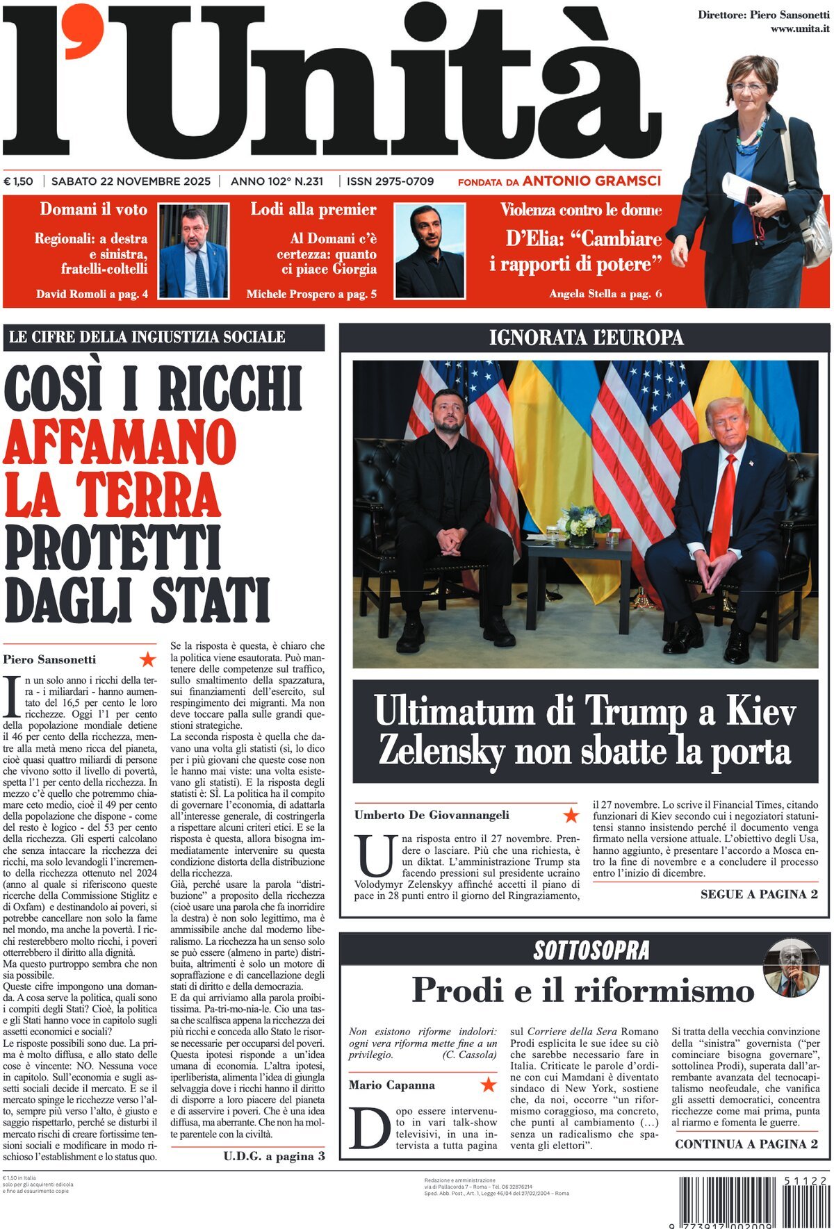 Prima Pagina L'Unità 22/11/2025