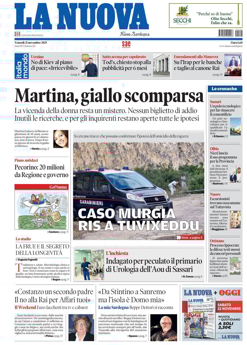 Prima Pagina La Nuova Sardegna 21/11/2025