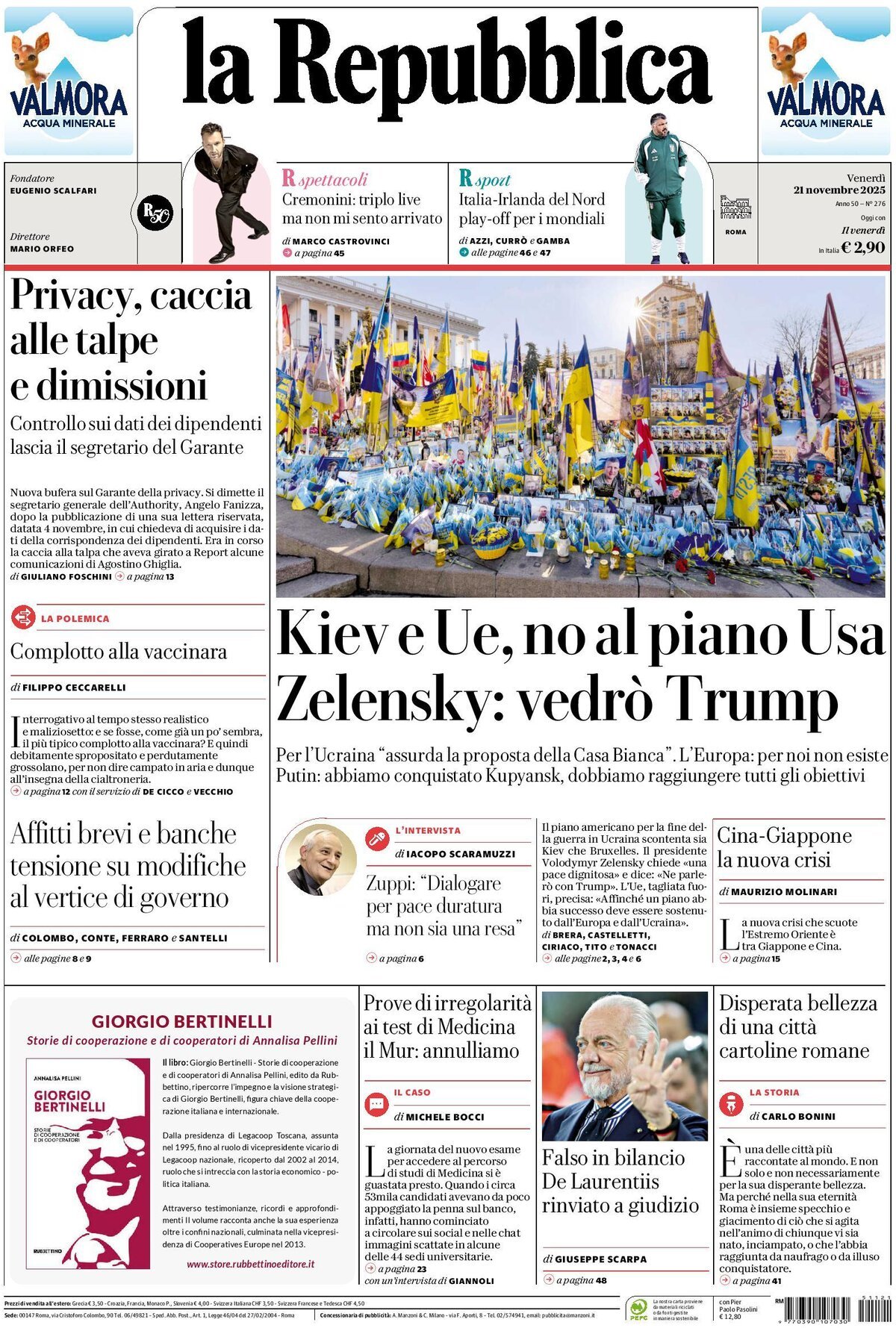Prima Pagina La Repubblica 21/11/2025