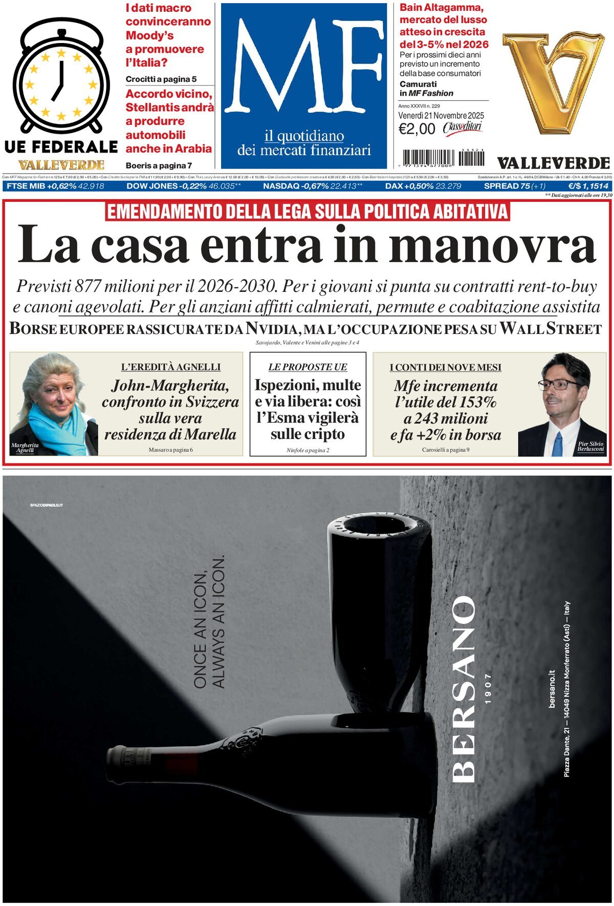 Prima Pagina MF Milano Finanza 21/11/2025