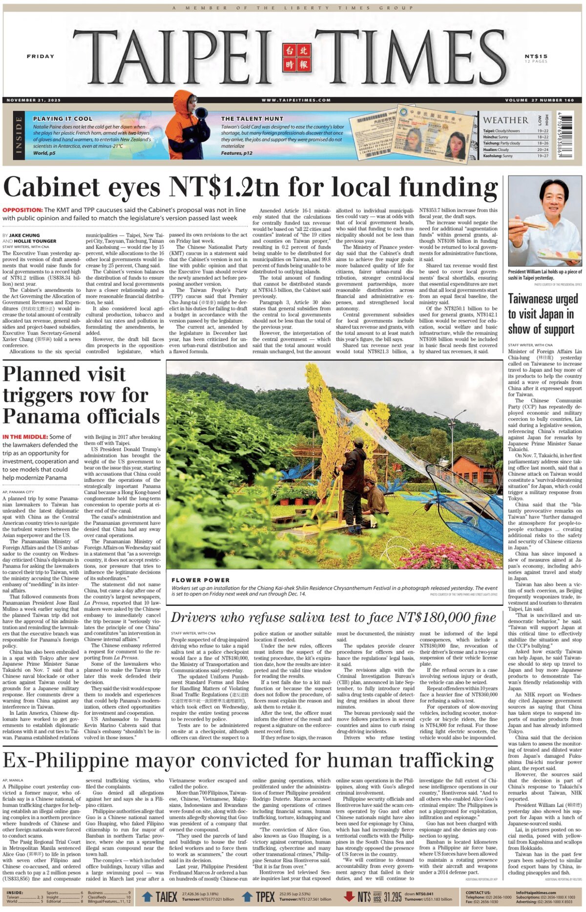 Prima Pagina Taipei Times 21/11/2025