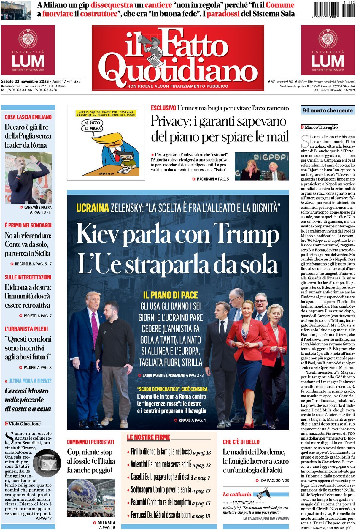 Prima Pagina Il Fatto Quotidiano 22/11/2025