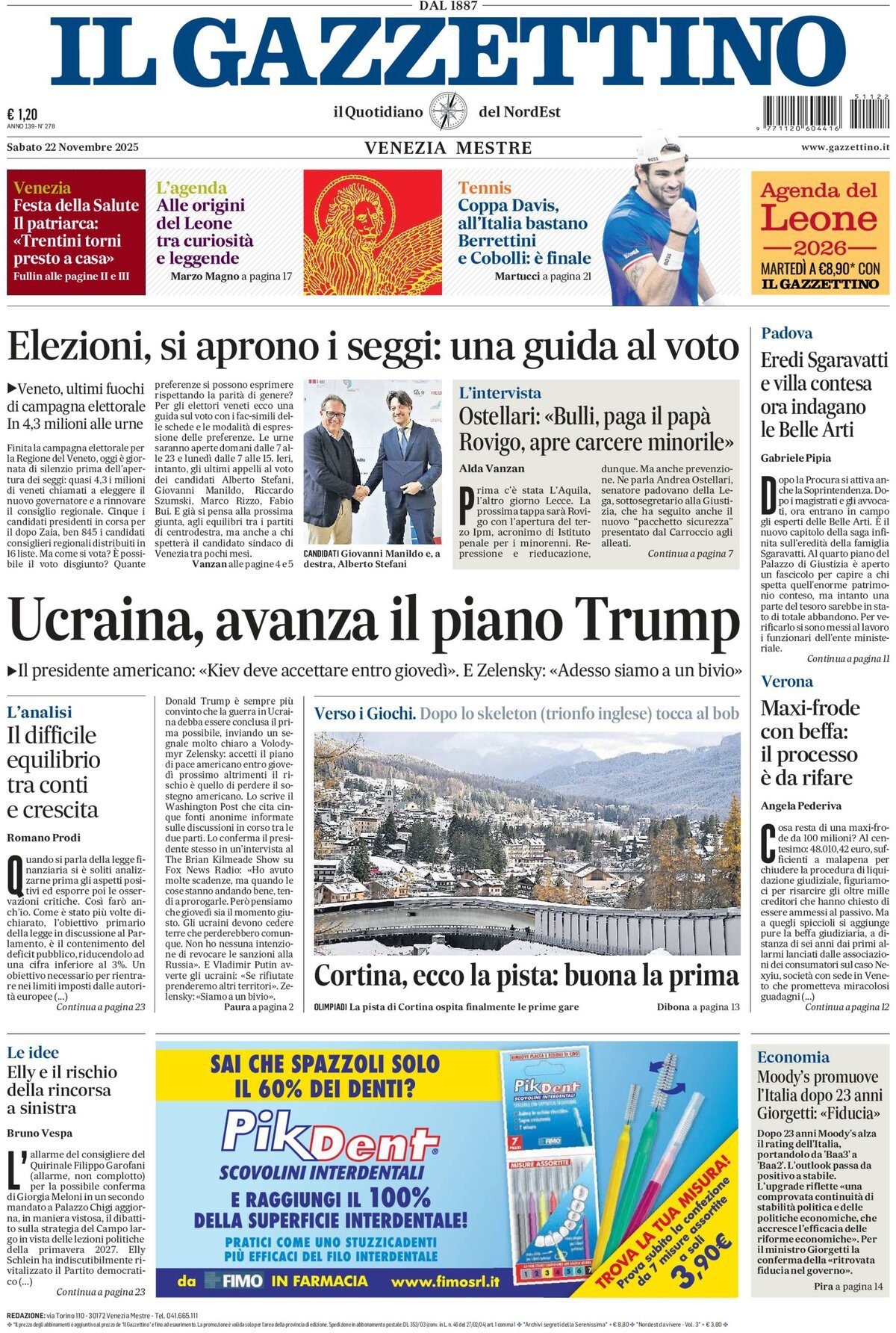 Prima Pagina Il Gazzettino 22/11/2025