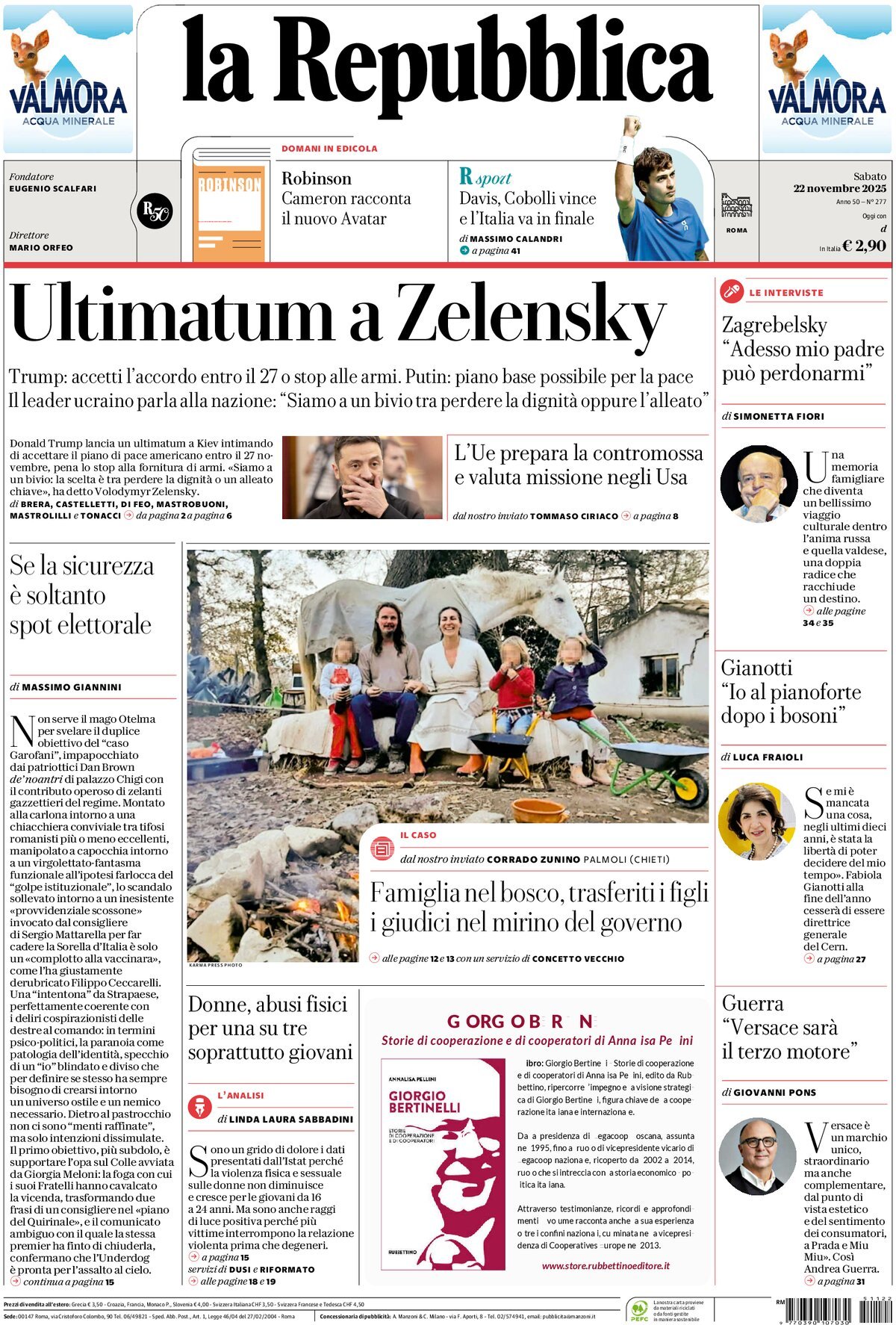 Prima Pagina La Repubblica 22/11/2025