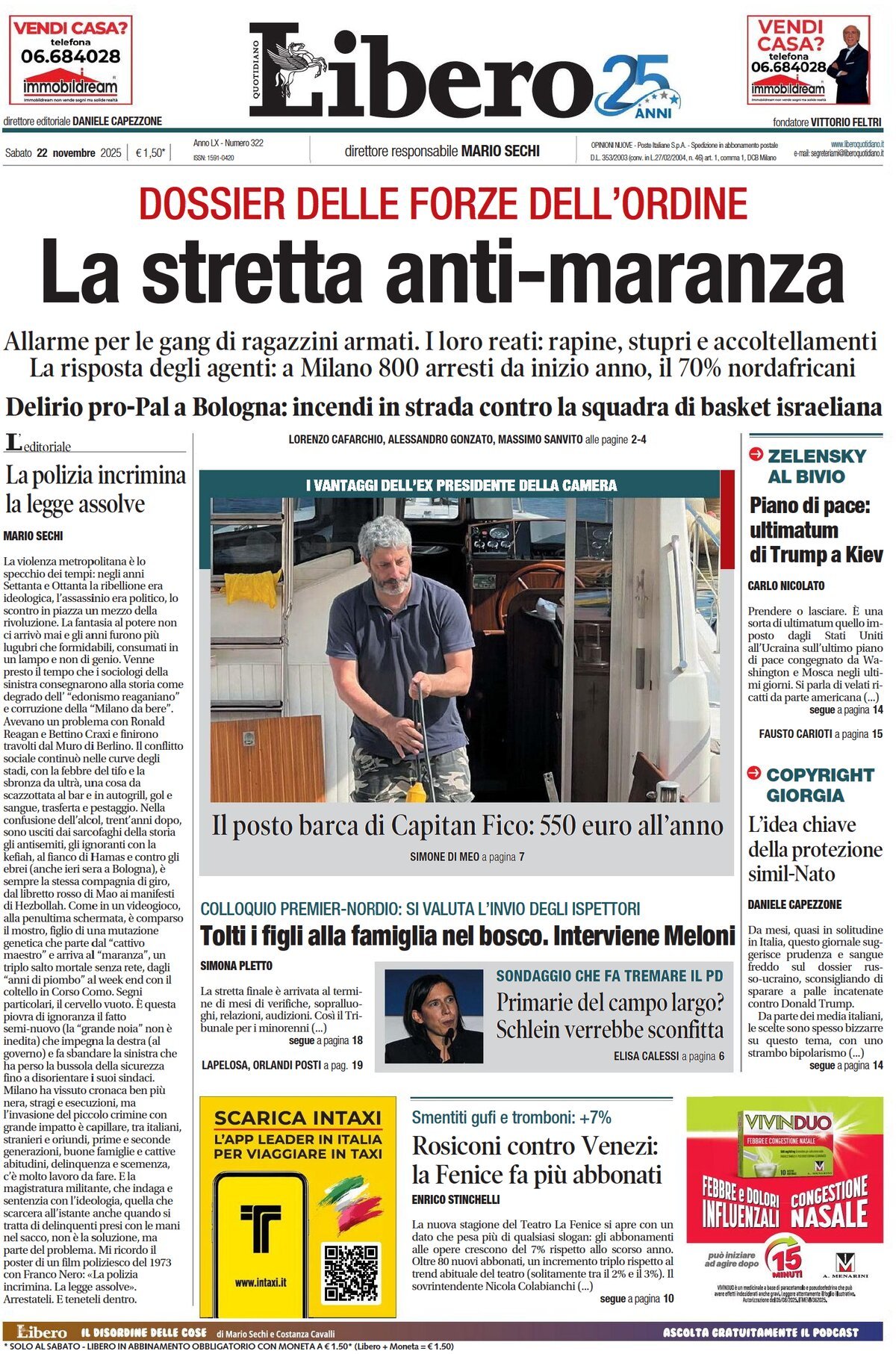 Prima Pagina Libero Quotidiano 22/11/2025