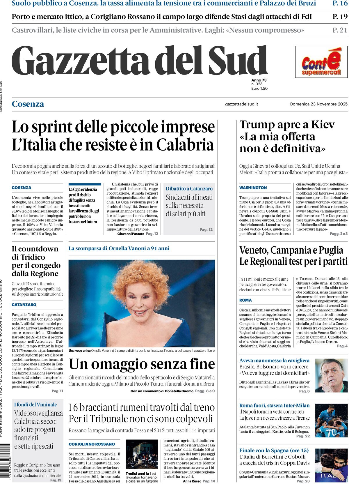 Prima Pagina Gazzetta del Sud (Cosenza) 23/11/2025