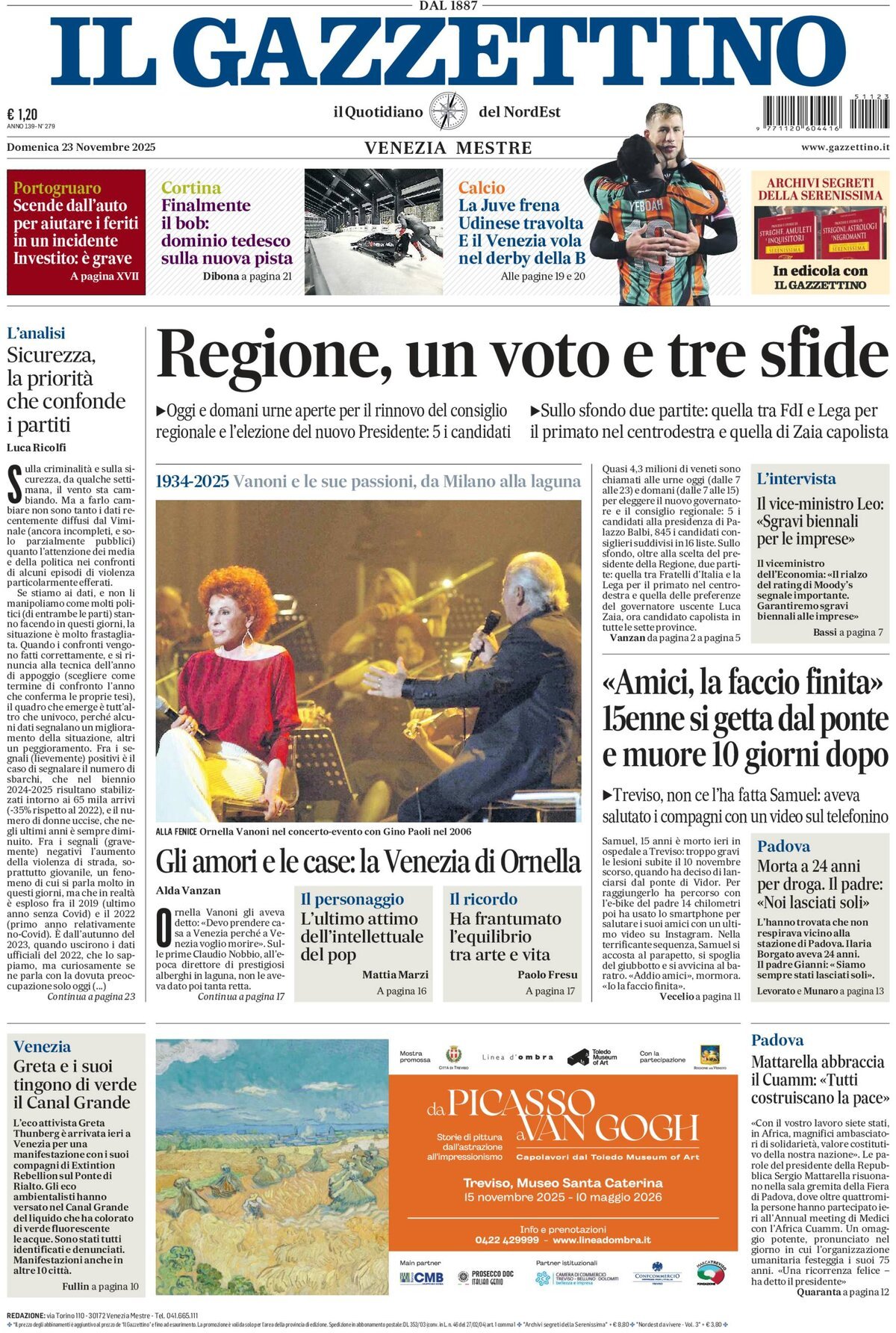 Prima Pagina Il Gazzettino 23/11/2025