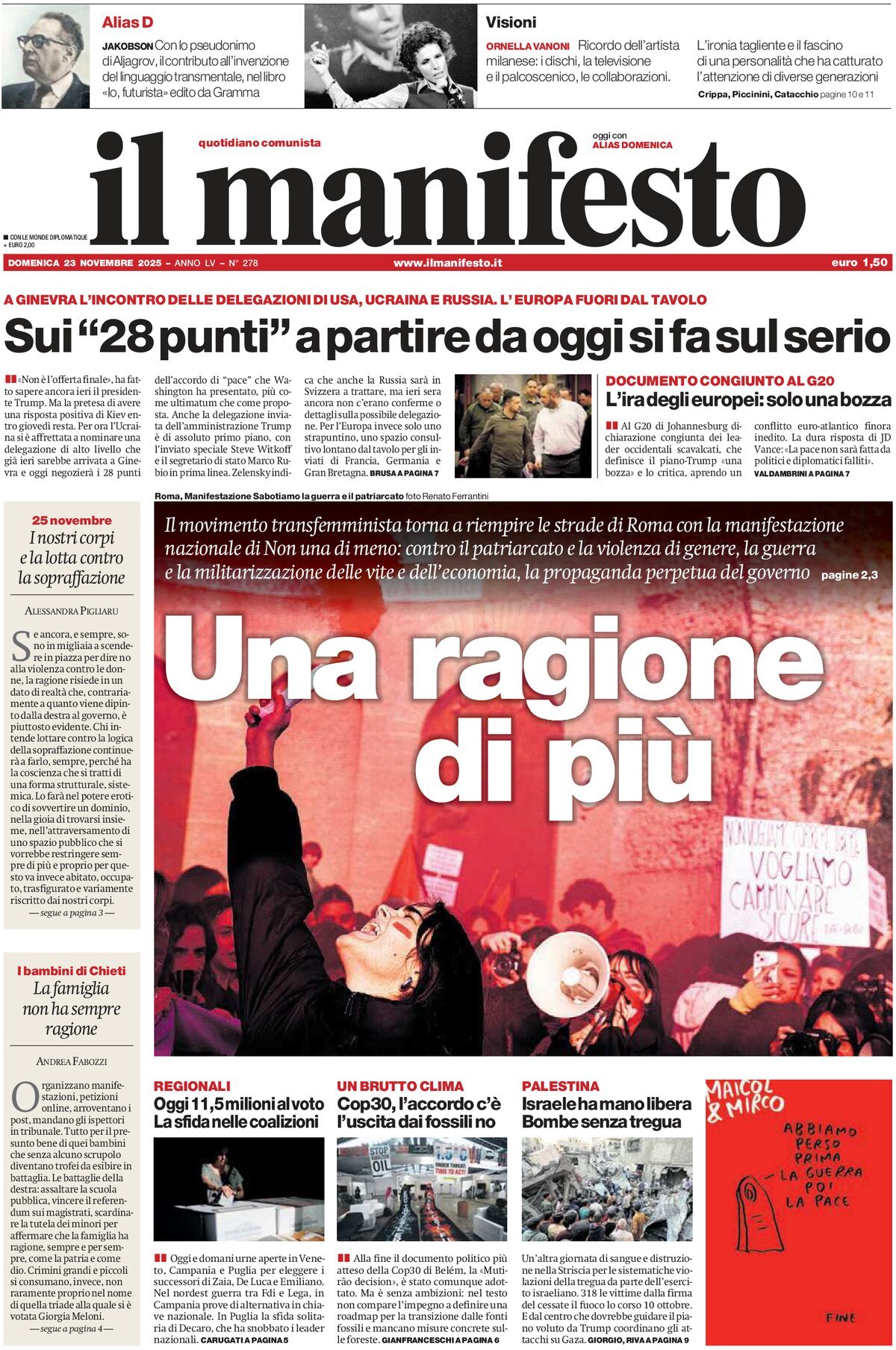 Prima Pagina Il Manifesto 23/11/2025