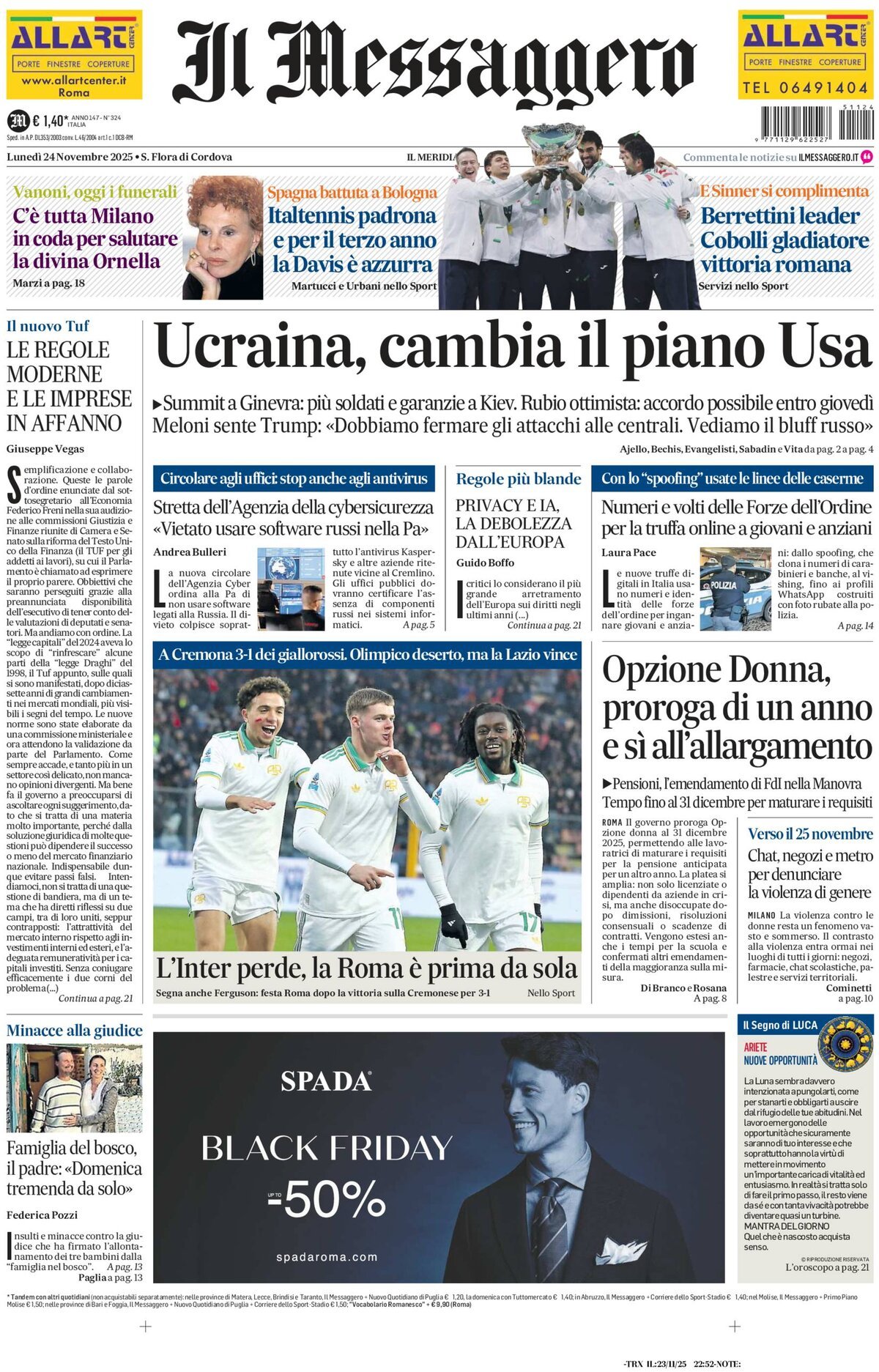 Prima Pagina Il Messaggero 24/11/2025