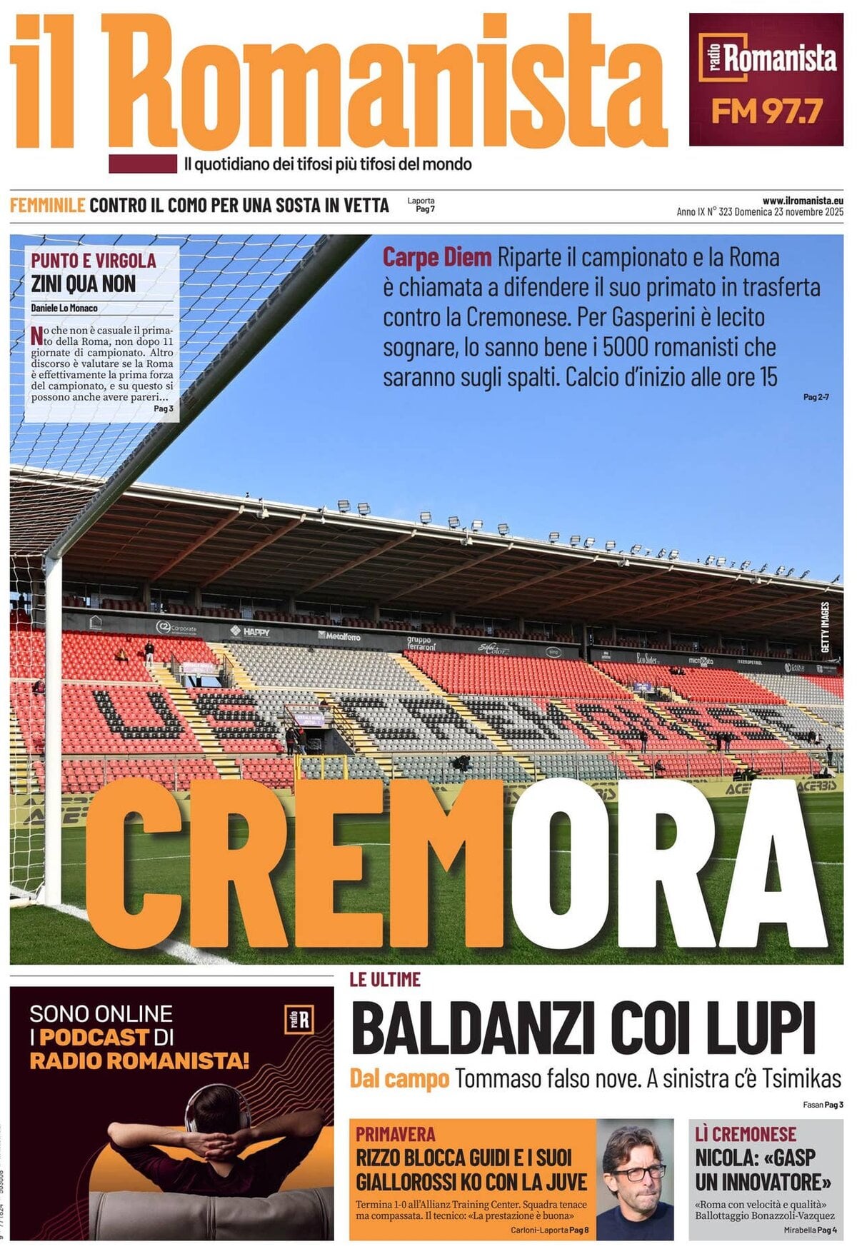 Prima Pagina Il Romanista 23/11/2025