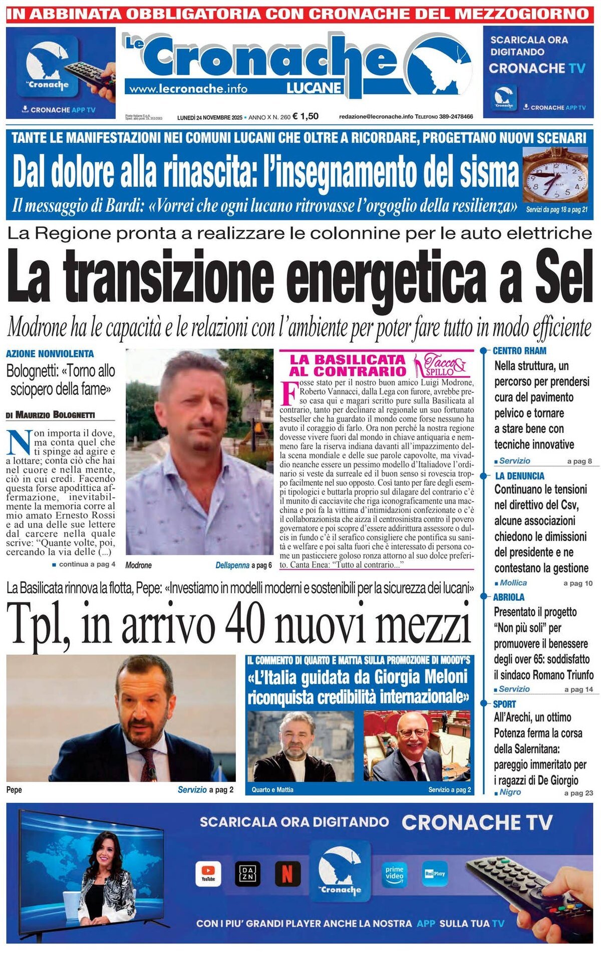 Prima Pagina Le Cronache Lucane 24/11/2025