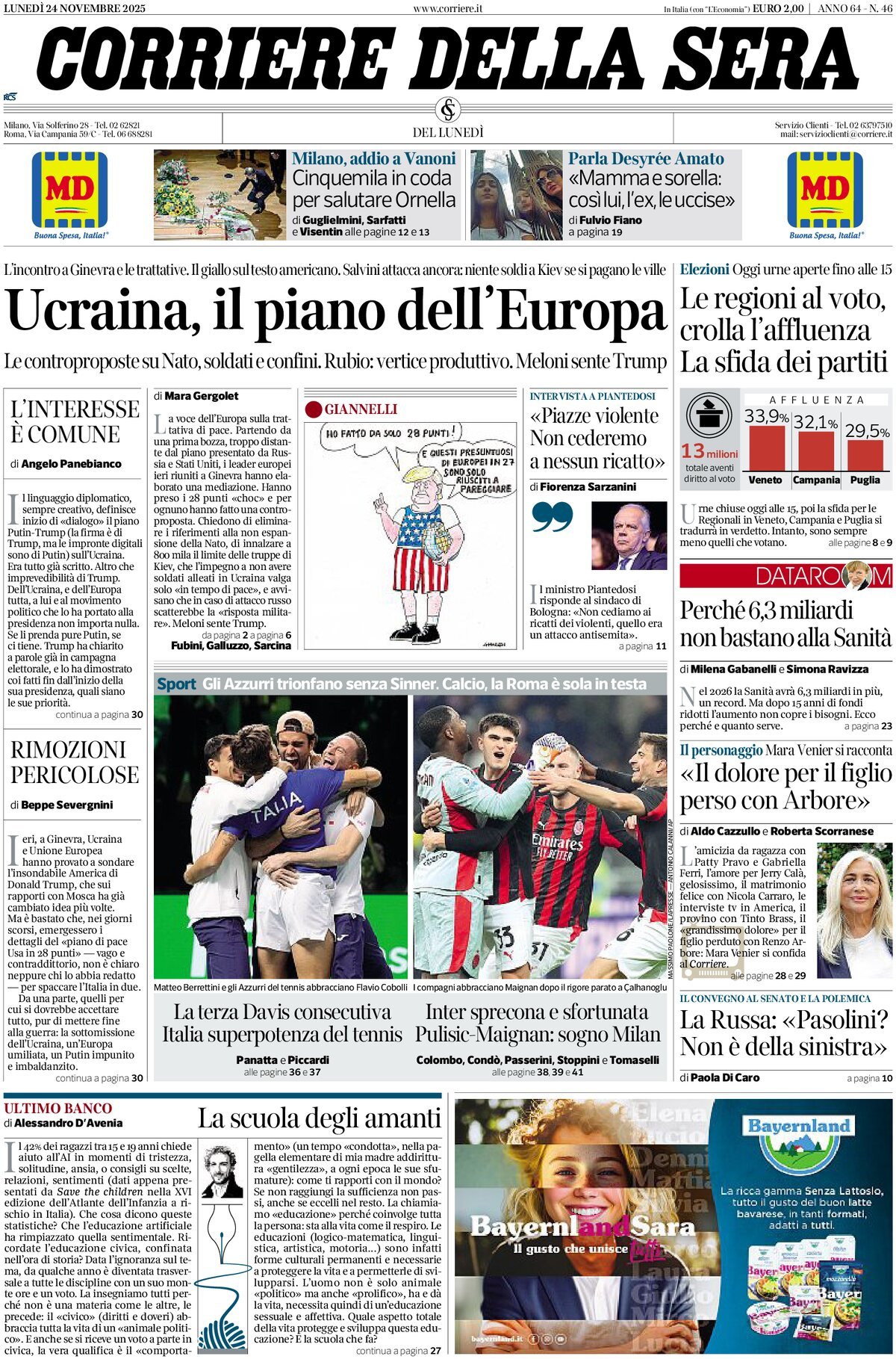 Prima Pagina Corriere della Sera 24/11/2025