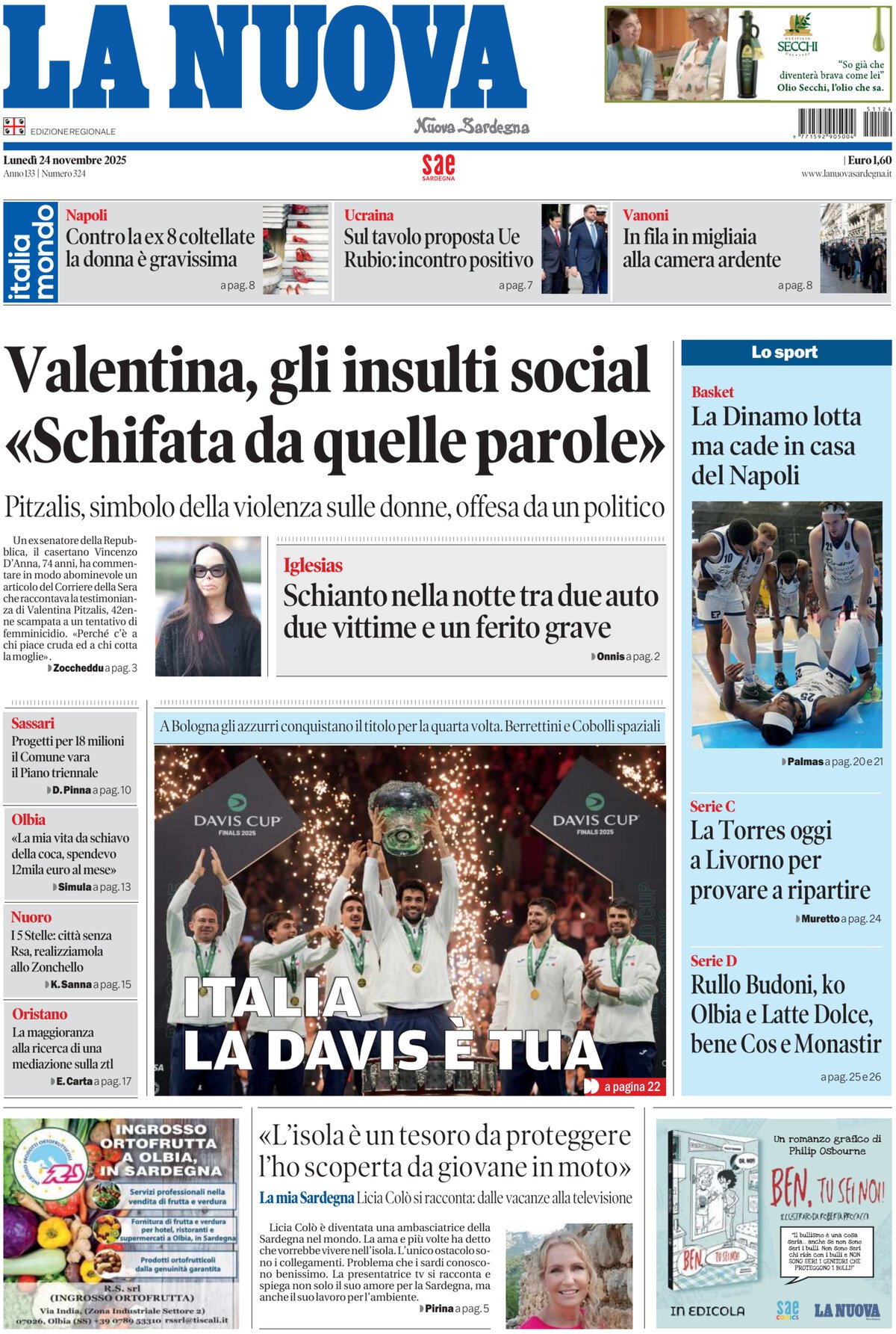 Prima Pagina La Nuova Sardegna 24/11/2025