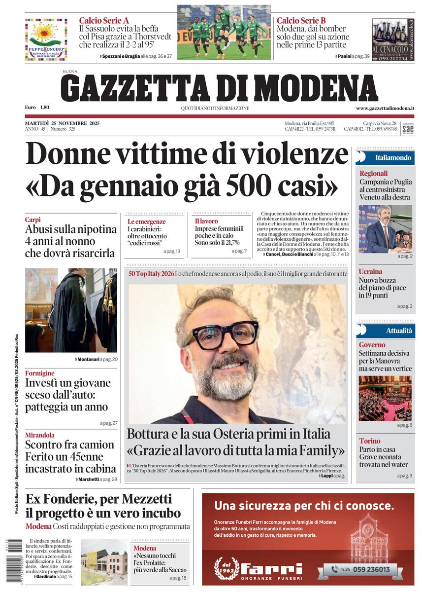 Prima Pagina Gazzetta di Modena 25/11/2025