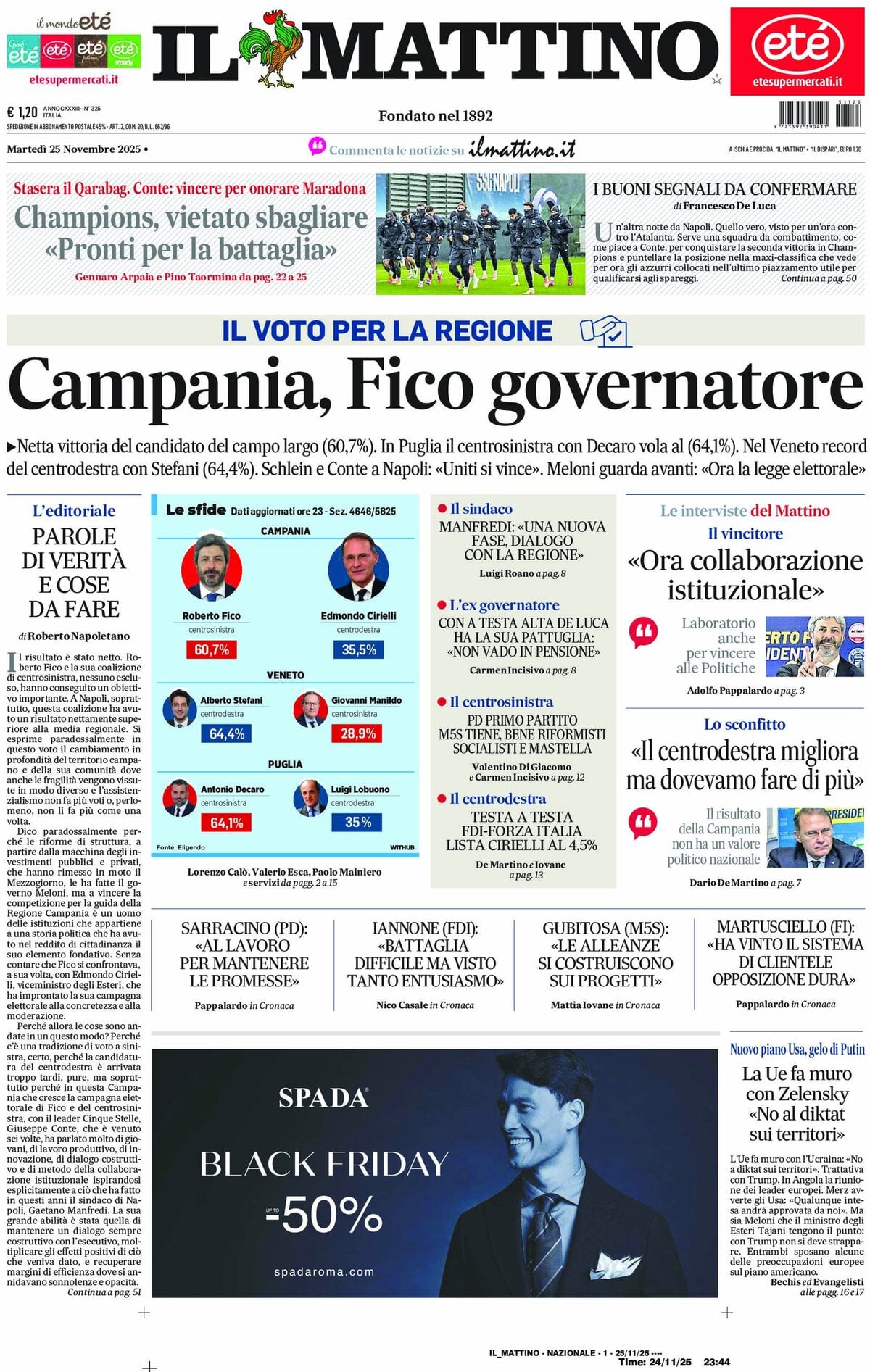 Prima Pagina Il Mattino 25/11/2025