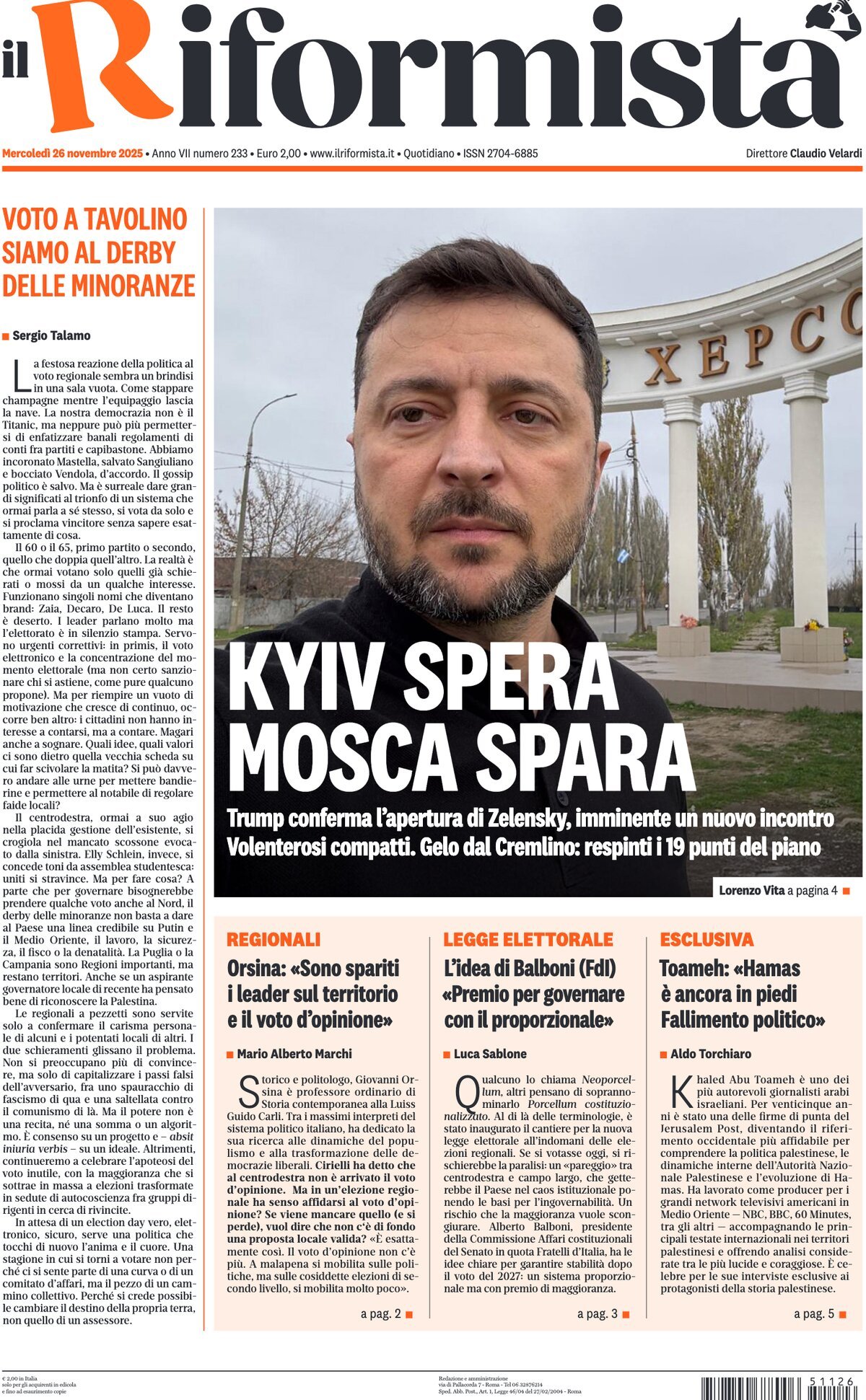 Prima Pagina Il Riformista 26/11/2025