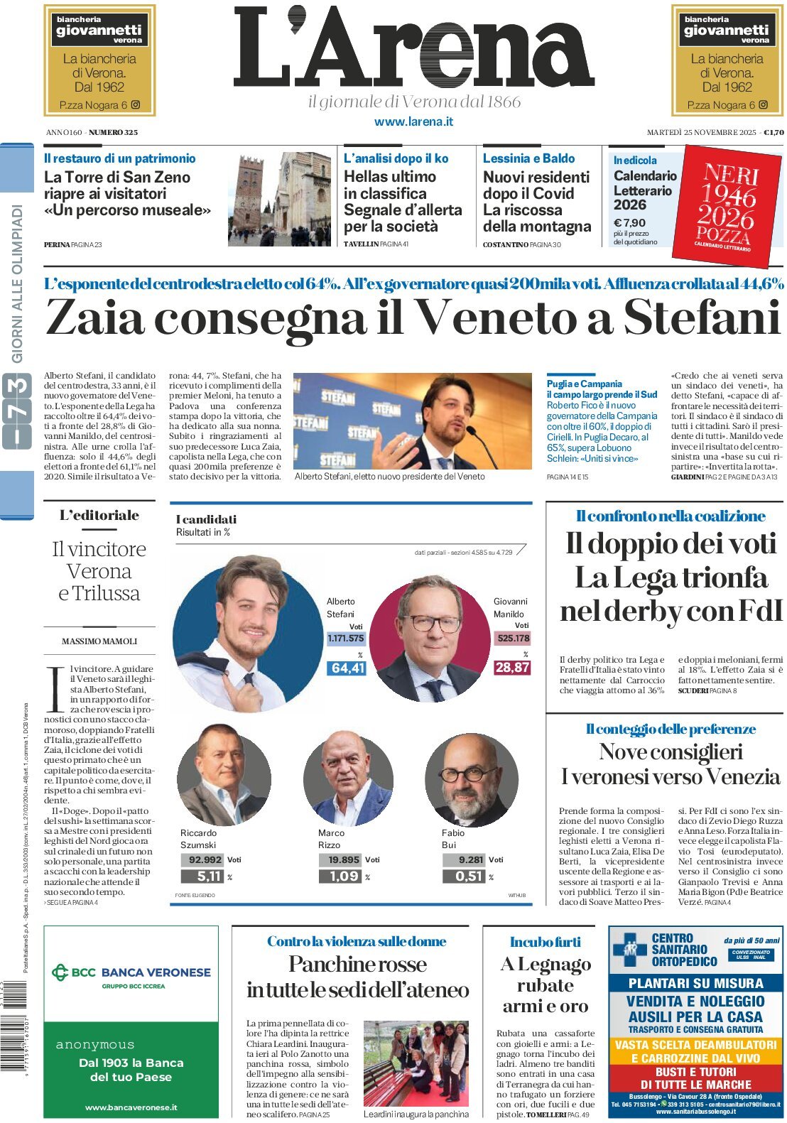 Prima Pagina L'Arena (Verona) 25/11/2025