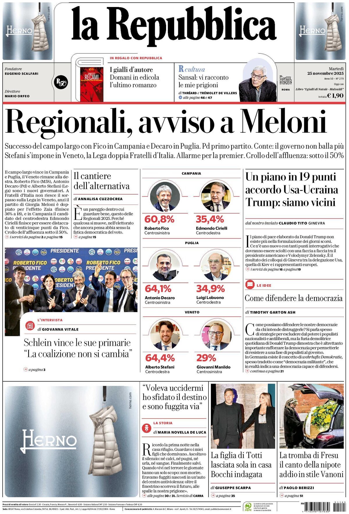 Prima Pagina La Repubblica 25/11/2025
