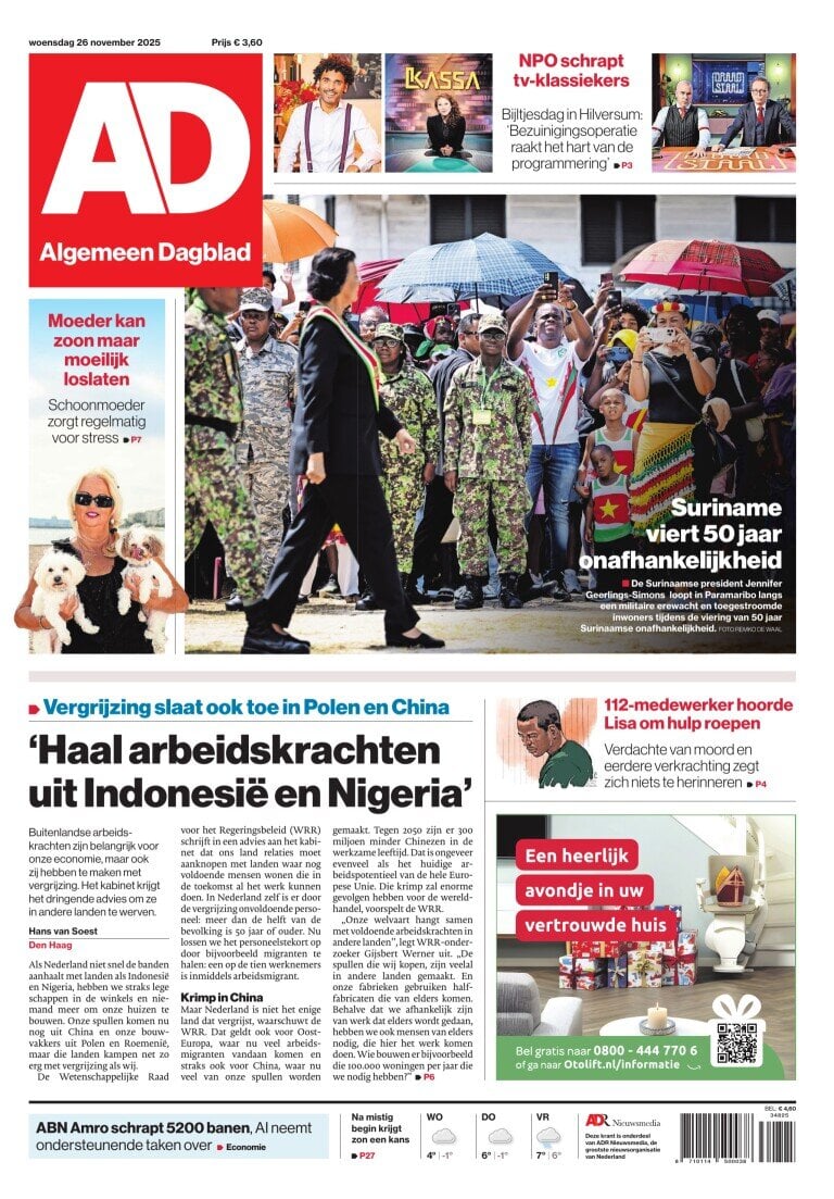 Prima Pagina Algemeen Dagblad (AD) 26/11/2025