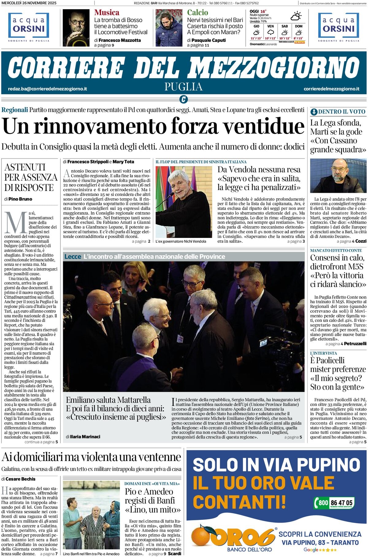 Prima Pagina Corriere del Mezzogiorno (Puglia) 26/11/2025