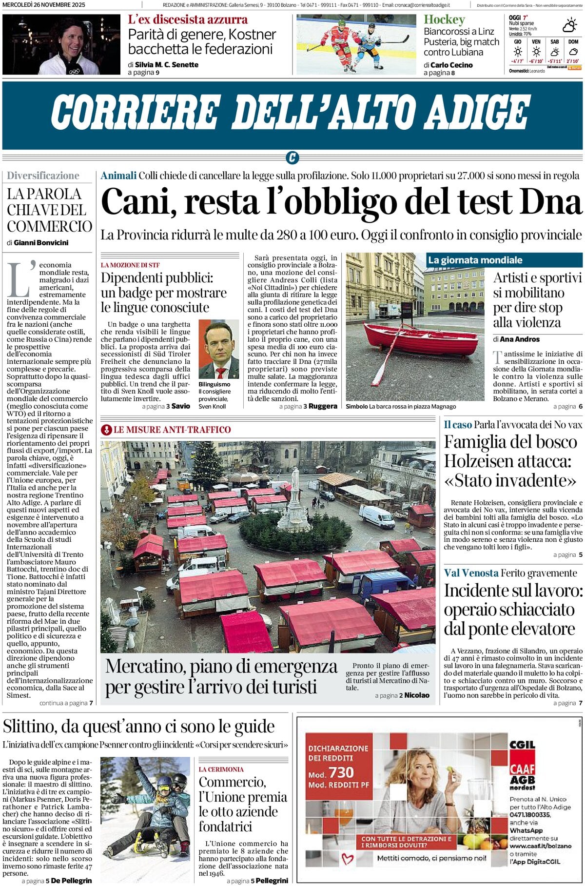 Prima Pagina Corriere dell'Alto Adige 26/11/2025