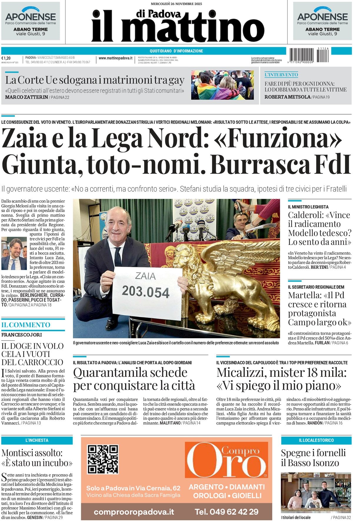 Prima Pagina Il Mattino di Padova 26/11/2025