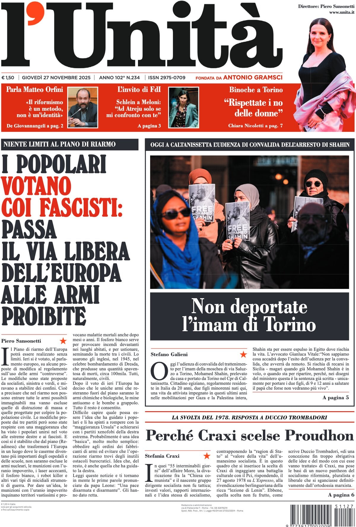 Prima Pagina L'Unità 27/11/2025