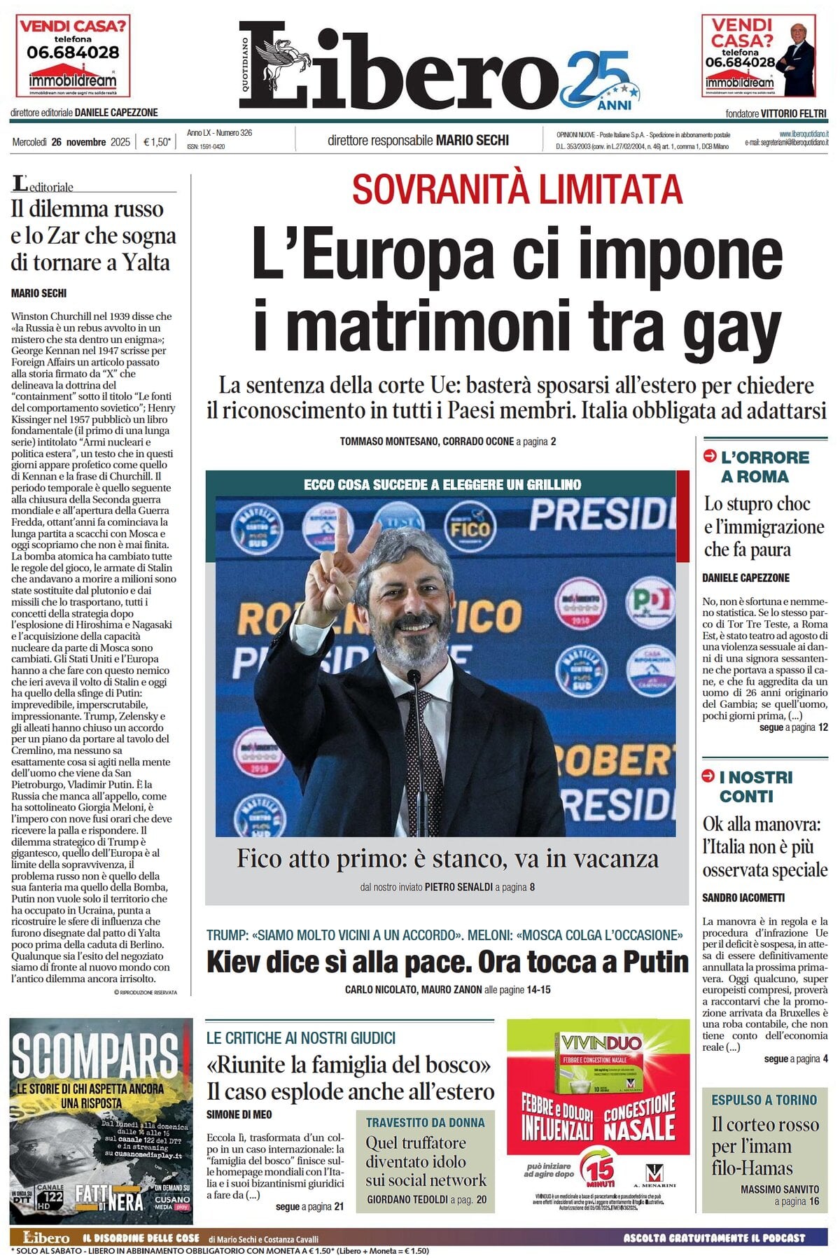 Prima Pagina Libero Quotidiano 26/11/2025