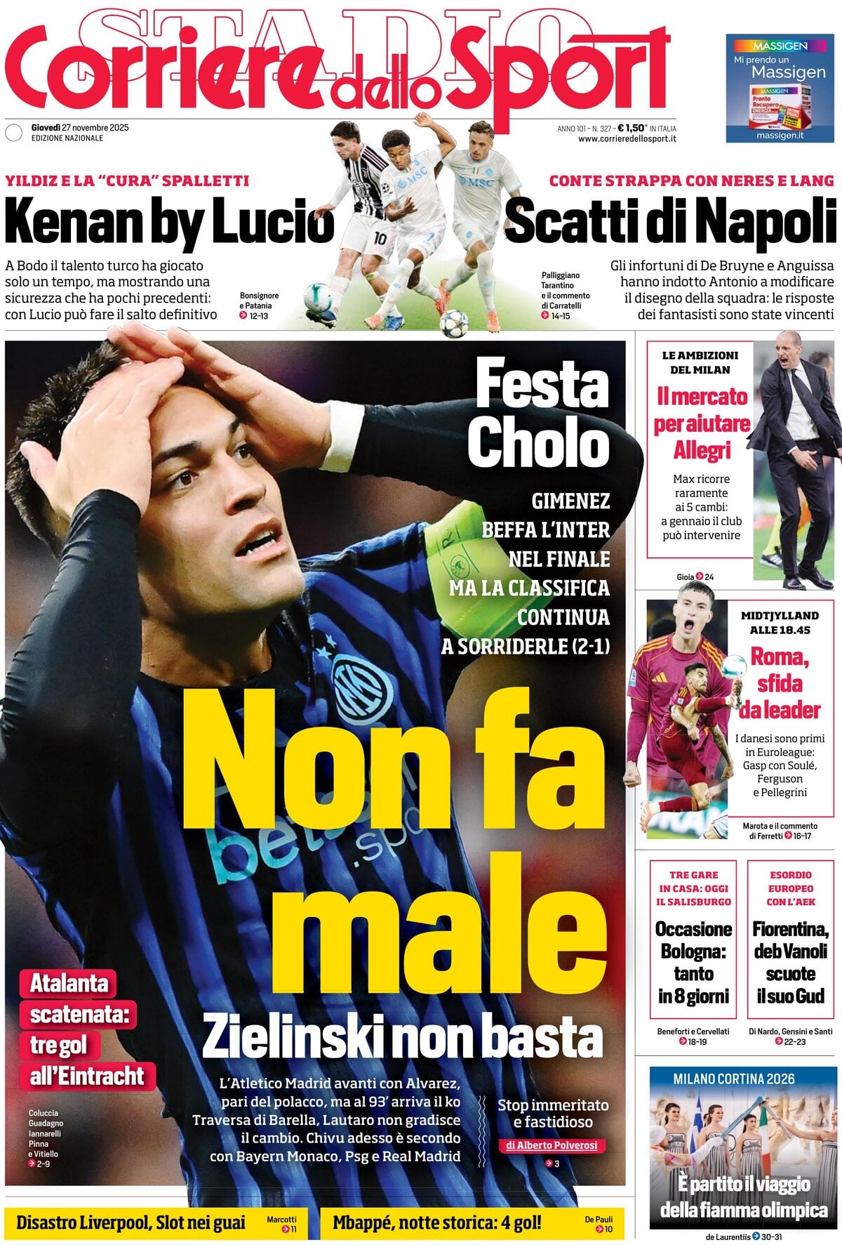 Prima Pagina Corriere dello Sport 27/11/2025