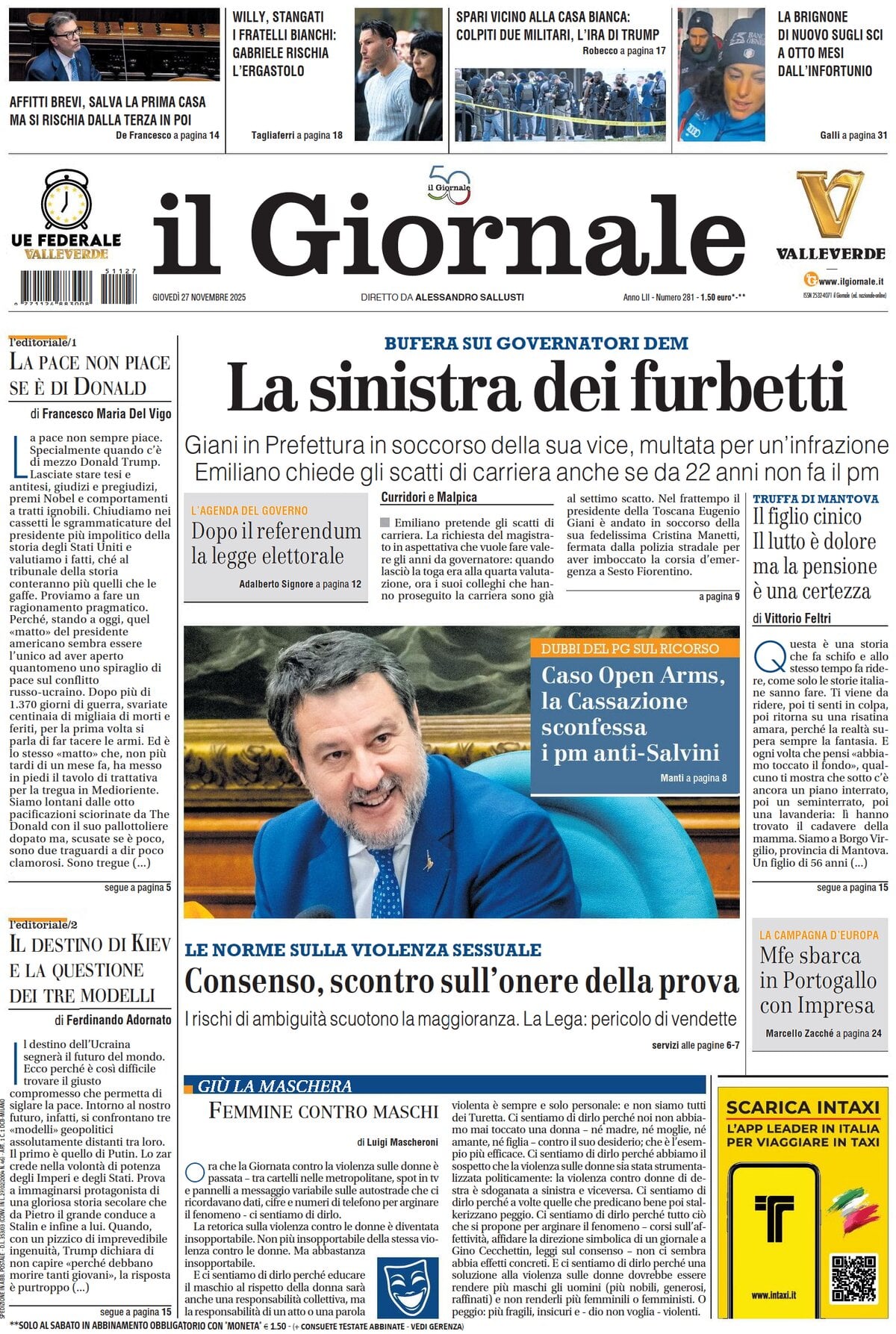 Prima Pagina Il Giornale 27/11/2025