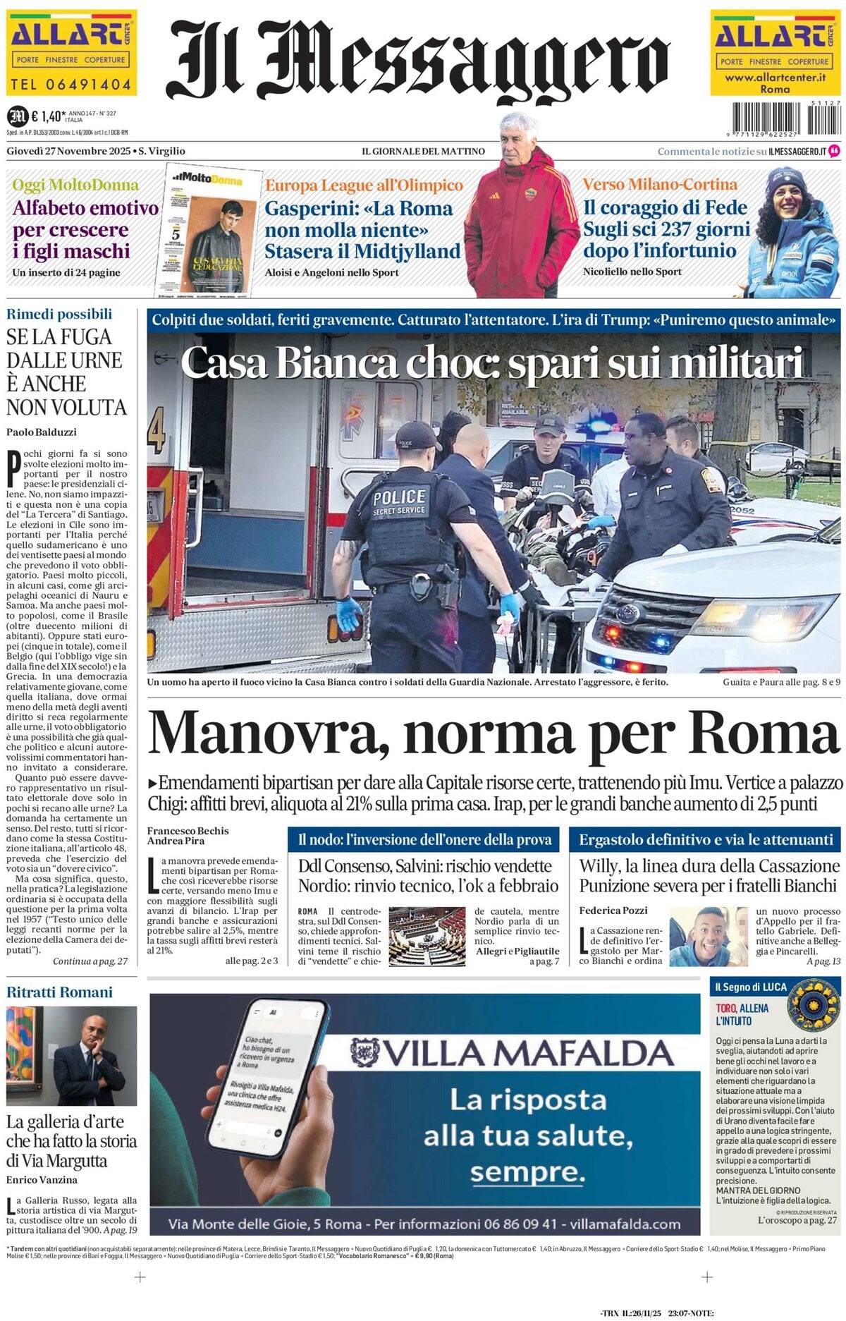 Prima Pagina Il Messaggero 27/11/2025