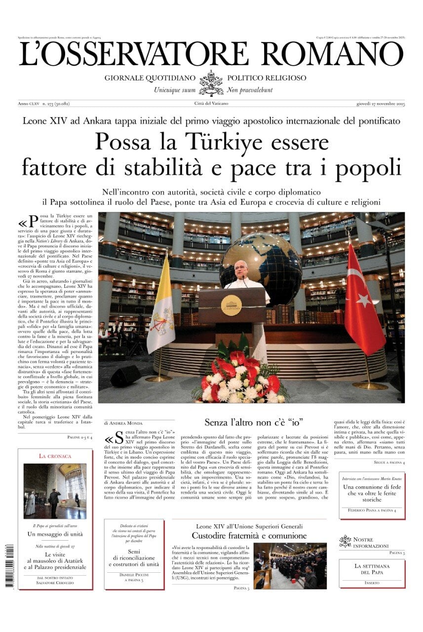 Prima Pagina L'Osservatore Romano 27/11/2025