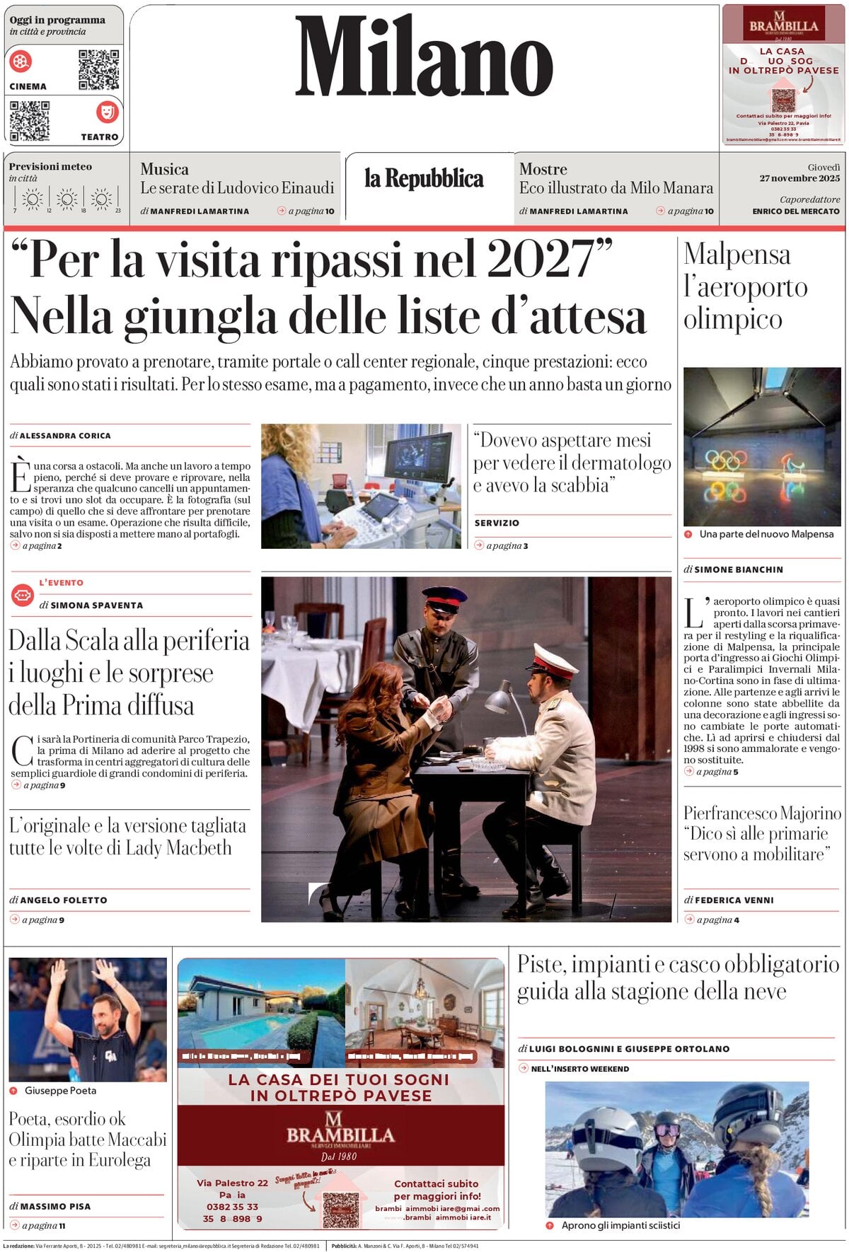 Prima Pagina La Repubblica (Milano) 27/11/2025
