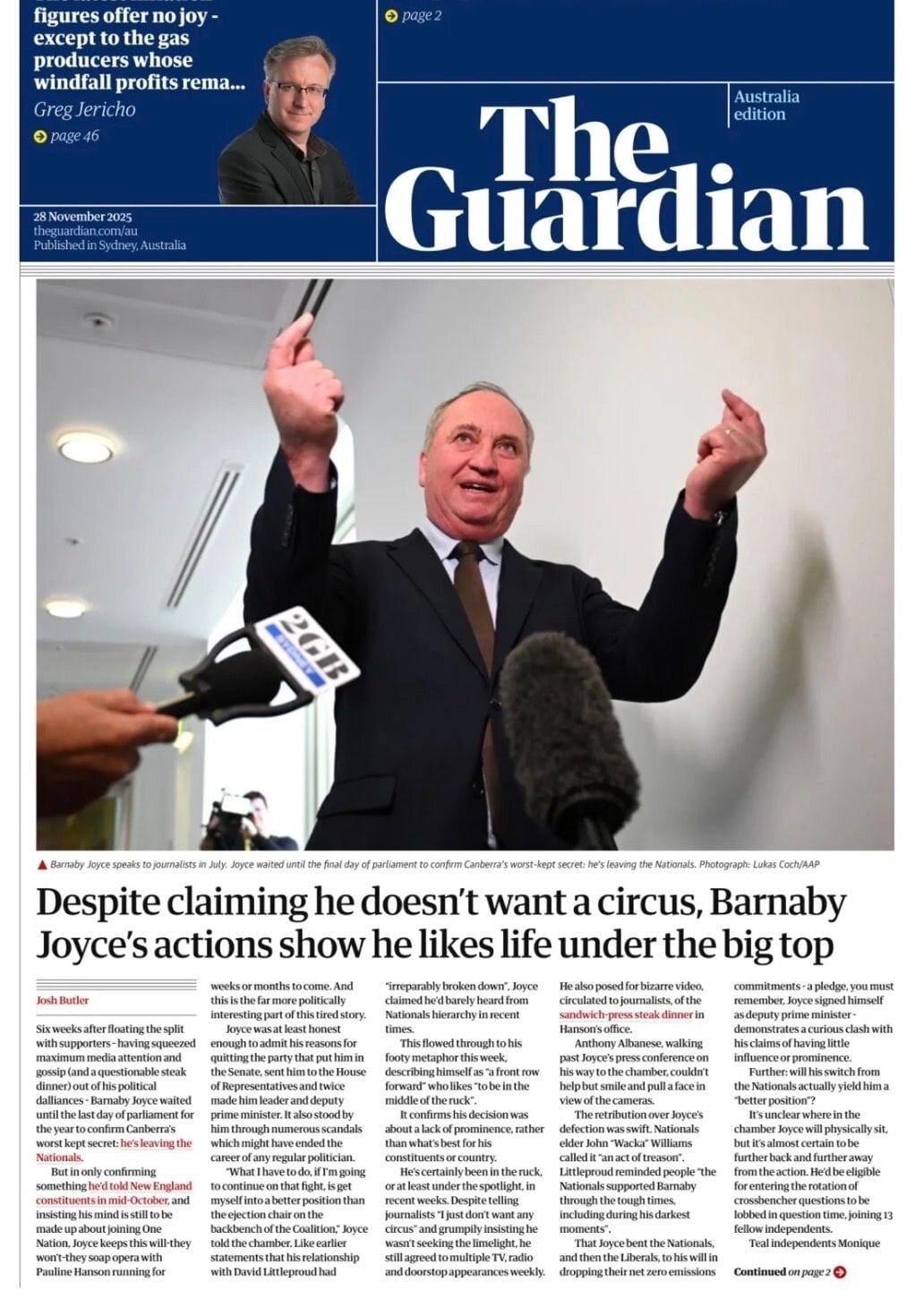 Prima Pagina The Guardian Australia 28/11/2025
