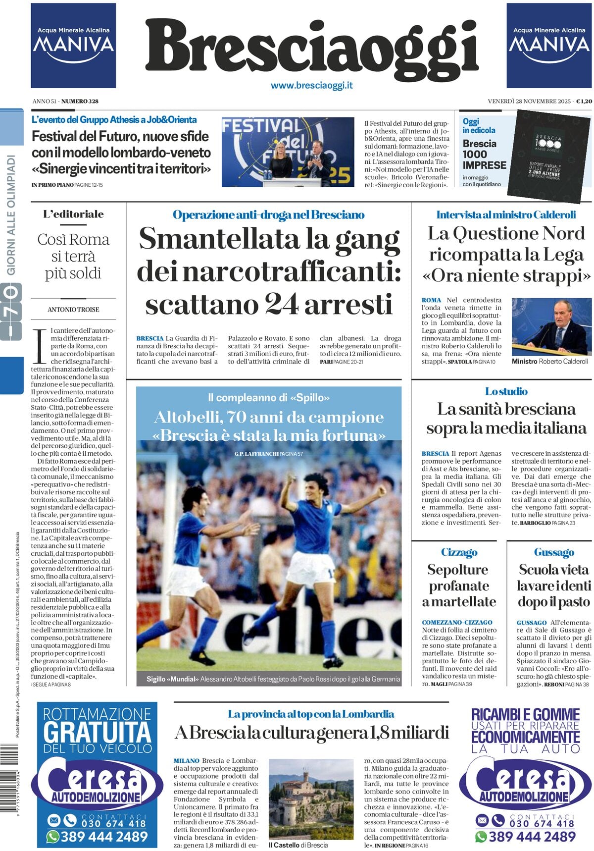 Prima Pagina Brescia Oggi 28/11/2025