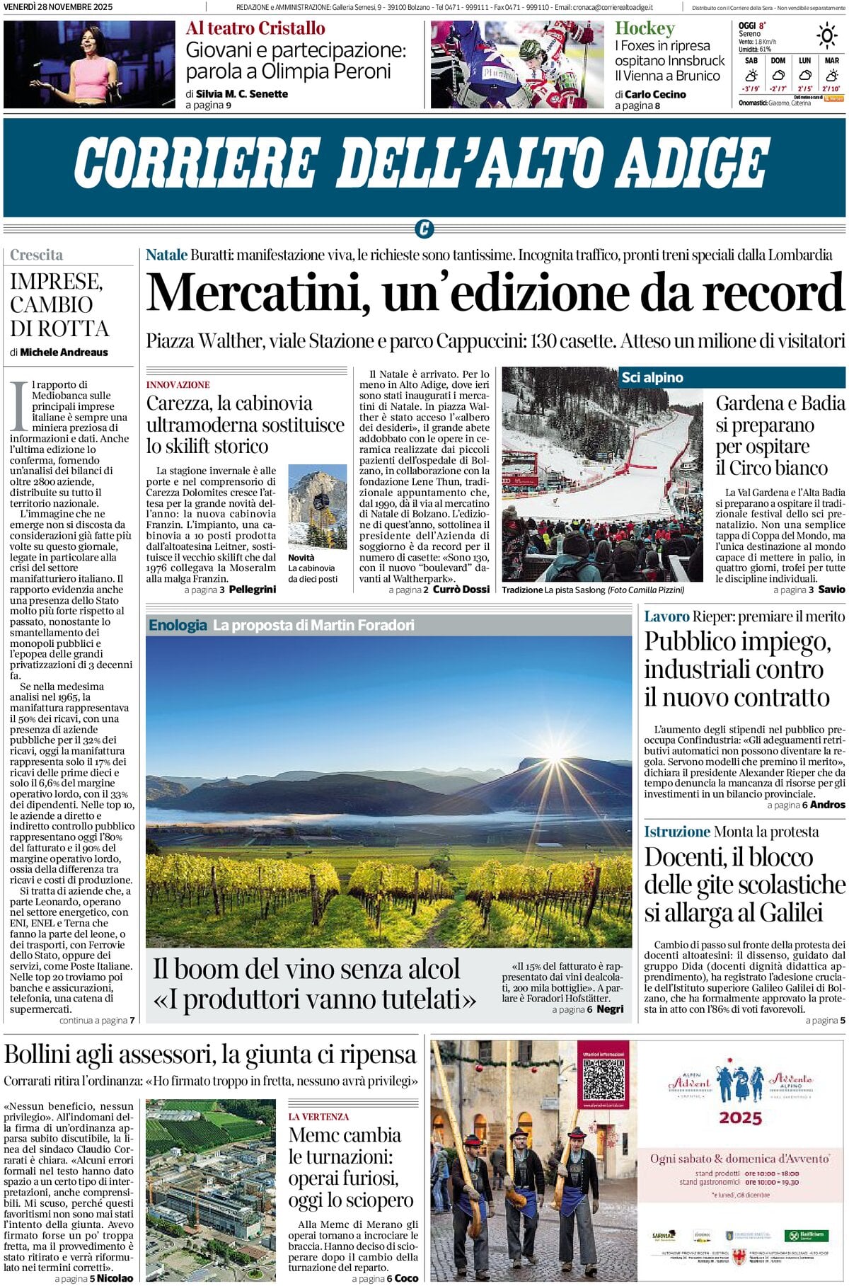 Prima Pagina Corriere dell'Alto Adige 28/11/2025