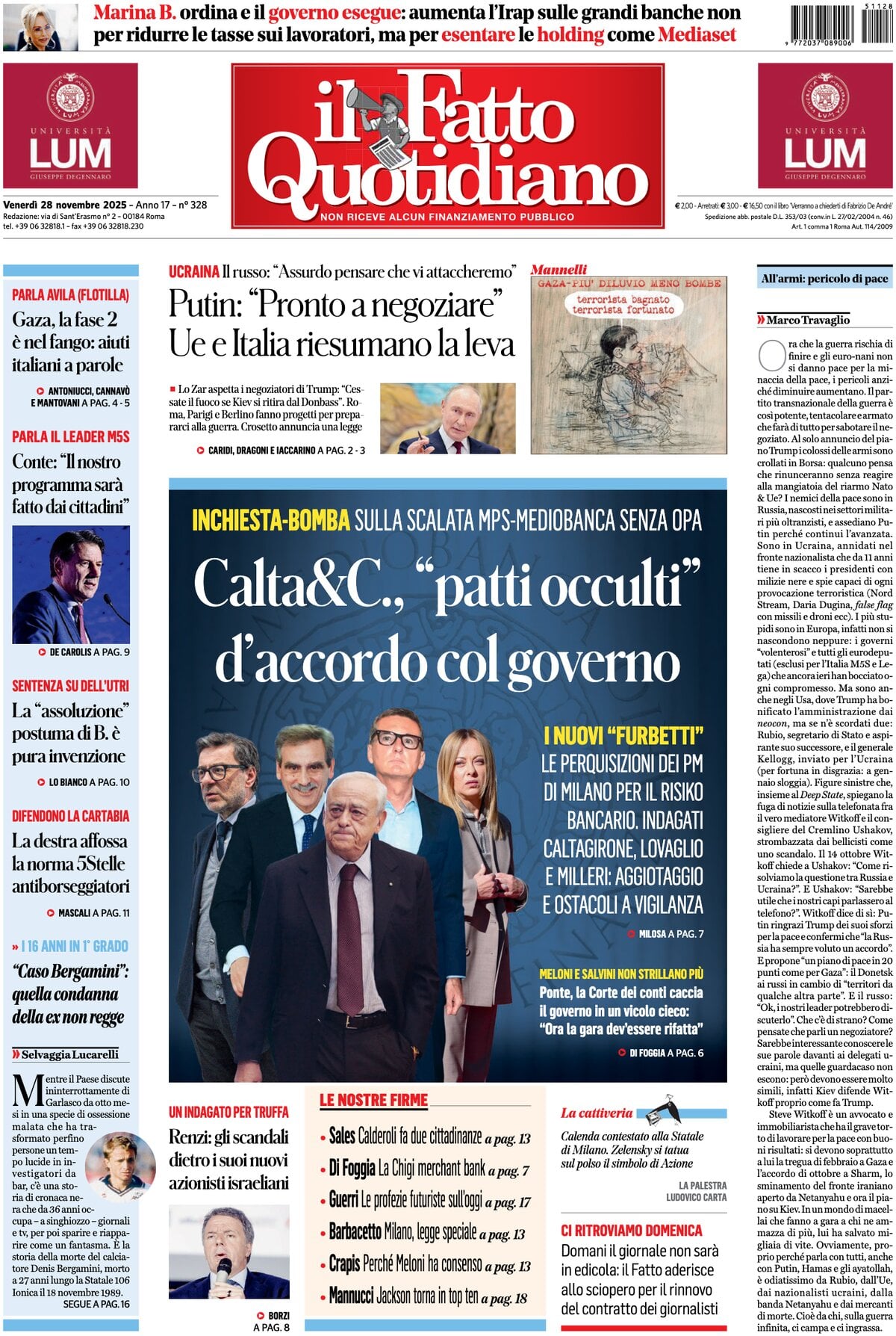 Prima Pagina Il Fatto Quotidiano 28/11/2025