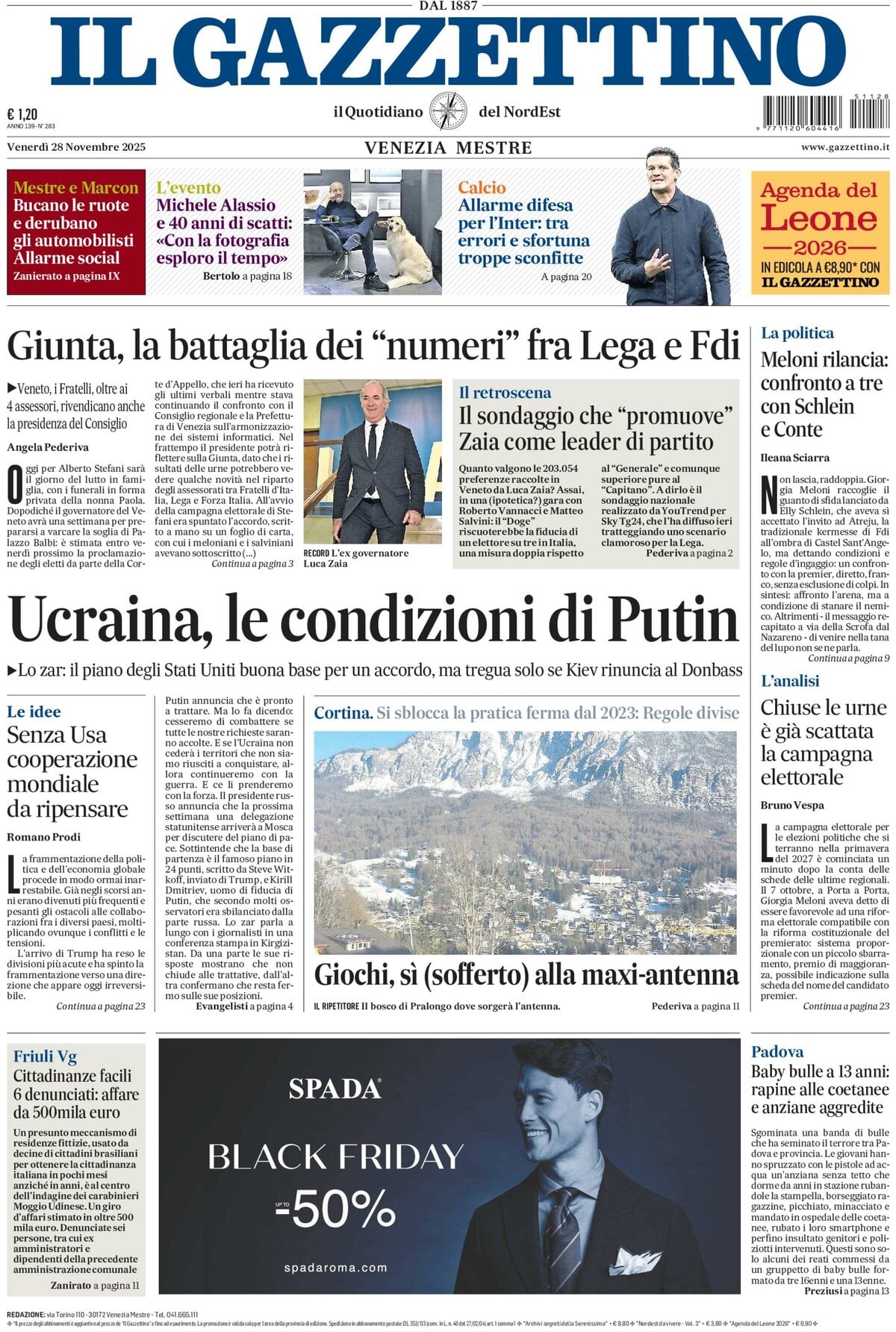 Prima Pagina Il Gazzettino 28/11/2025