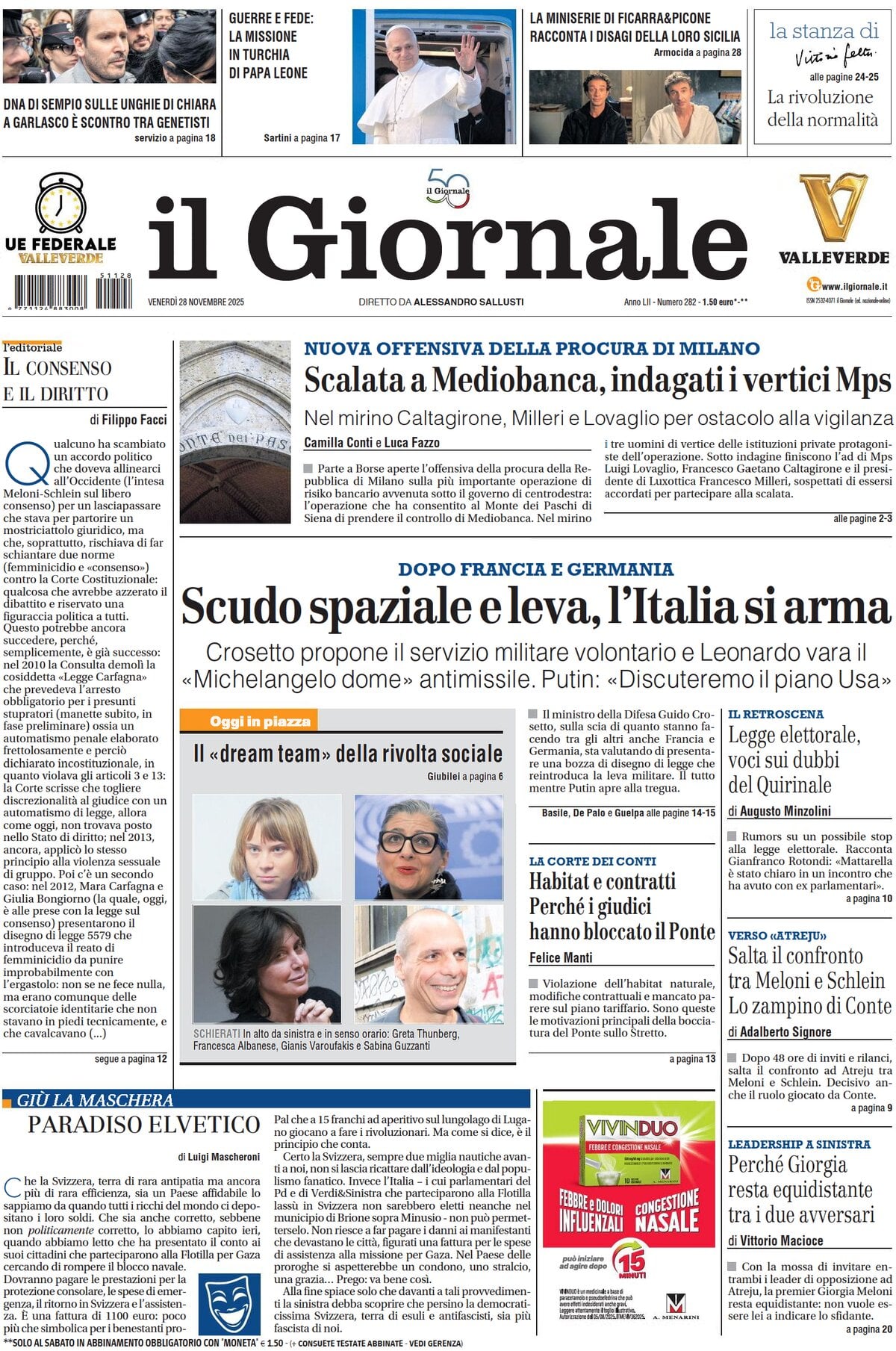 Prima Pagina Il Giornale 28/11/2025
